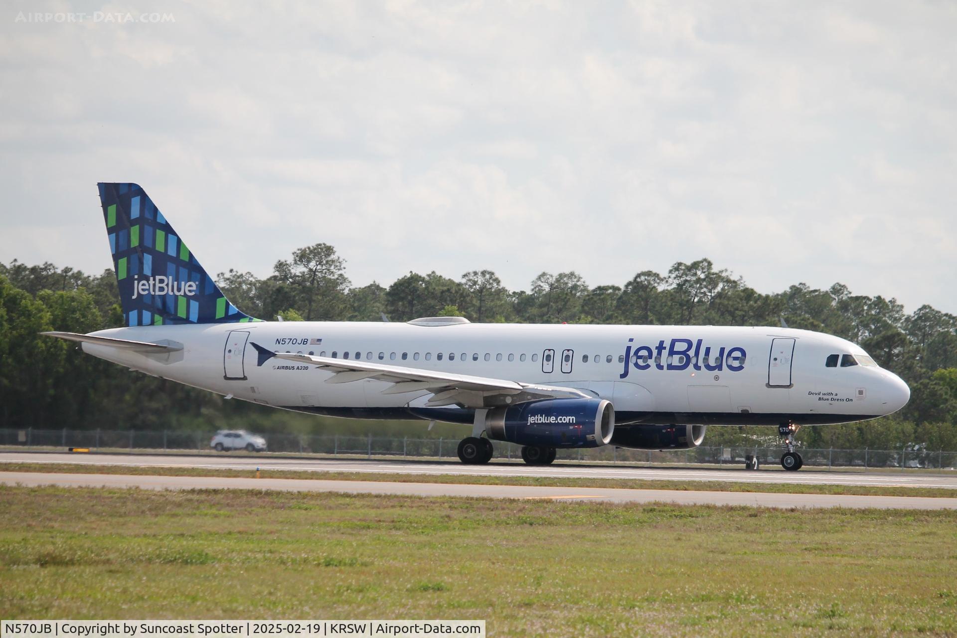 N570JB, 2003 Airbus A320-232 C/N 2099, JetBlue Flight 2834 departs Runway 24 at Southwest Florida International Airport enroute to Worcester Regional Airport