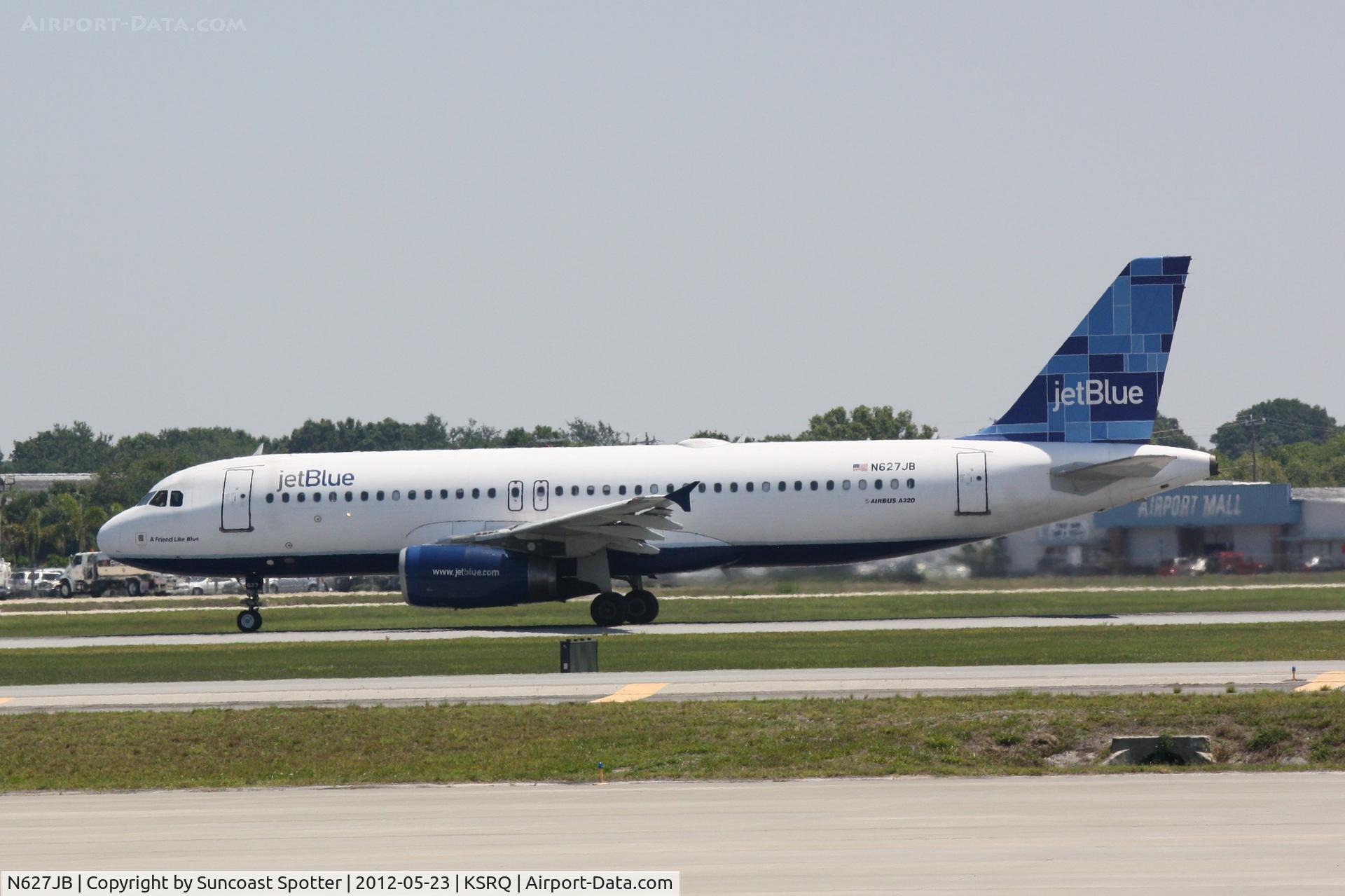 N627JB, 2005 Airbus A320-232 C/N 2577, JetBlue Flight 346 departs Runway 32 at Sarasota-Bradenton International Airport enroute to John F Kennedy International Airport