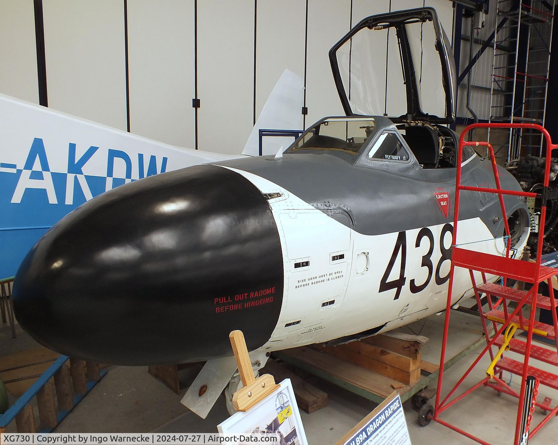XG730, 1957 De Havilland DH-112 Sea Venom FAW.22 C/N 121131, De Havilland D.H.112 Sea Venom (front fuselage only) being restored at the De Havilland Aircraft Museum, London Colney