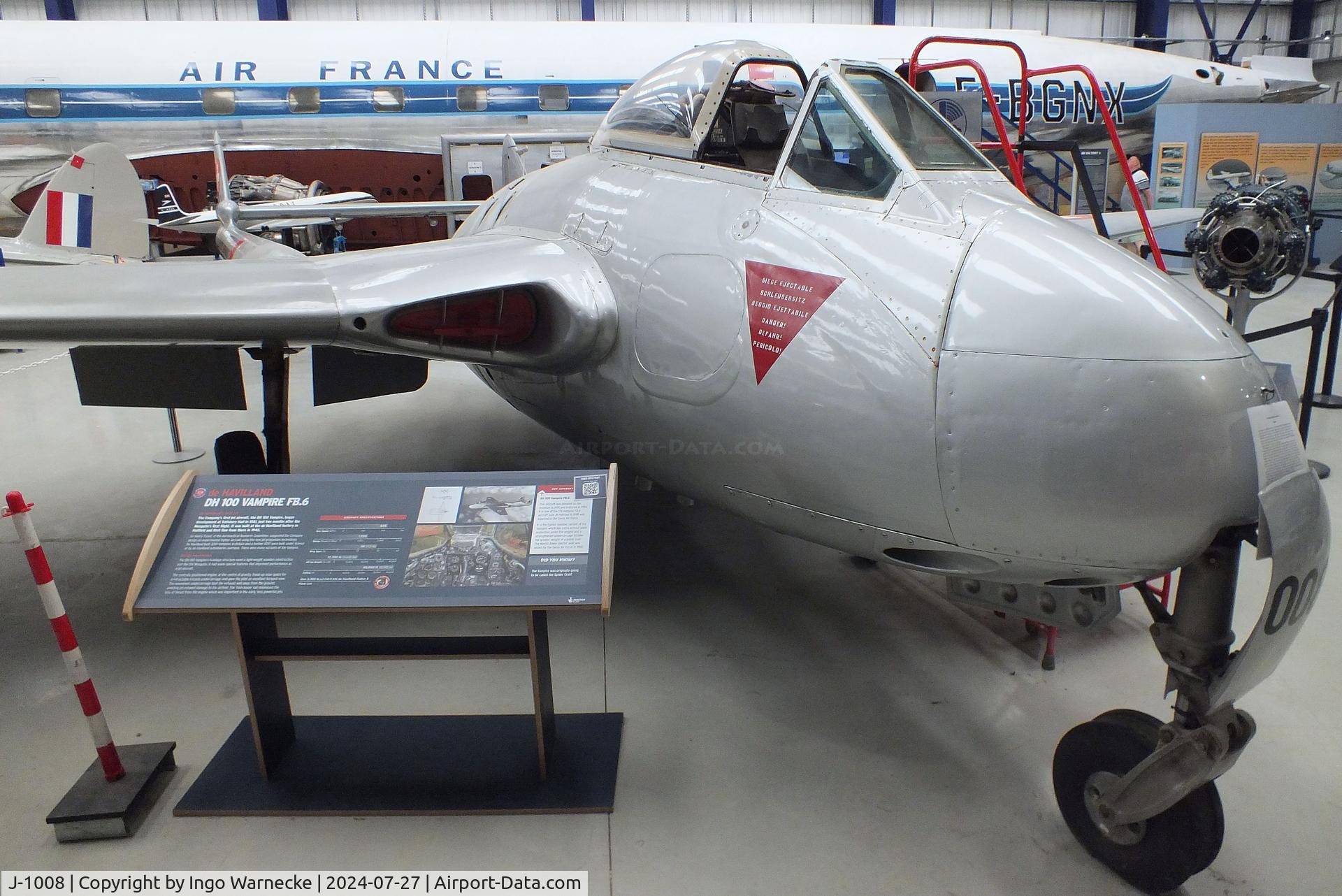 J-1008, De Havilland (FFA) DH-100 Vampire FB6 C/N 148, De Havilland D.H.100 Vampire FB6 at the De Havilland Aircraft Museum, London Colney