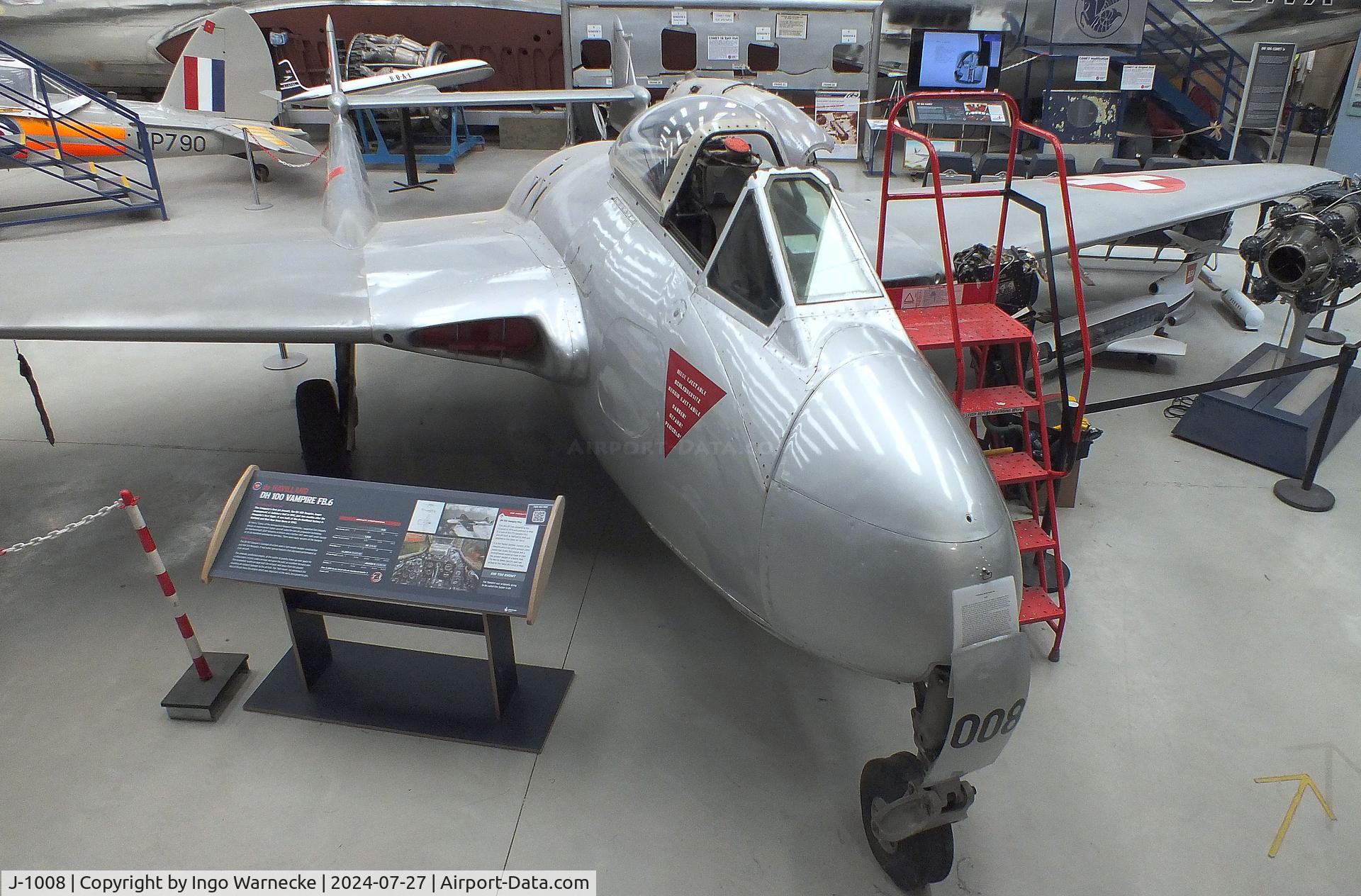 J-1008, De Havilland (FFA) DH-100 Vampire FB6 C/N 148, De Havilland D.H.100 Vampire FB6 at the De Havilland Aircraft Museum, London Colney