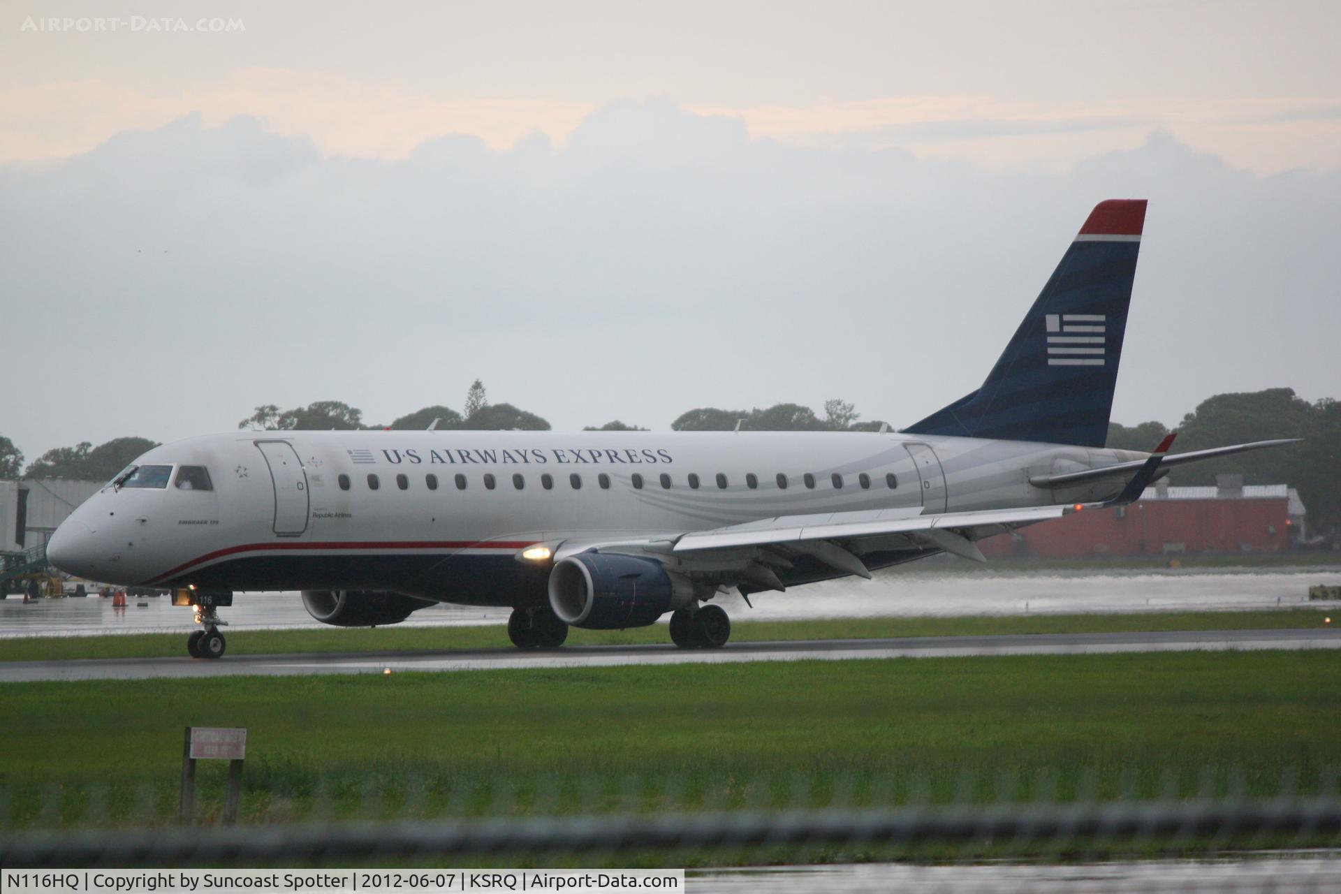 N116HQ, 2007 Embraer 175LR (ERJ-170-200LR) C/N 17000183, US Air Flight 3281 operated by Republic arrives on Runway 14 at Sarasota-Bradenton International Airport following a flight from Charlotte-Douglas International Airport