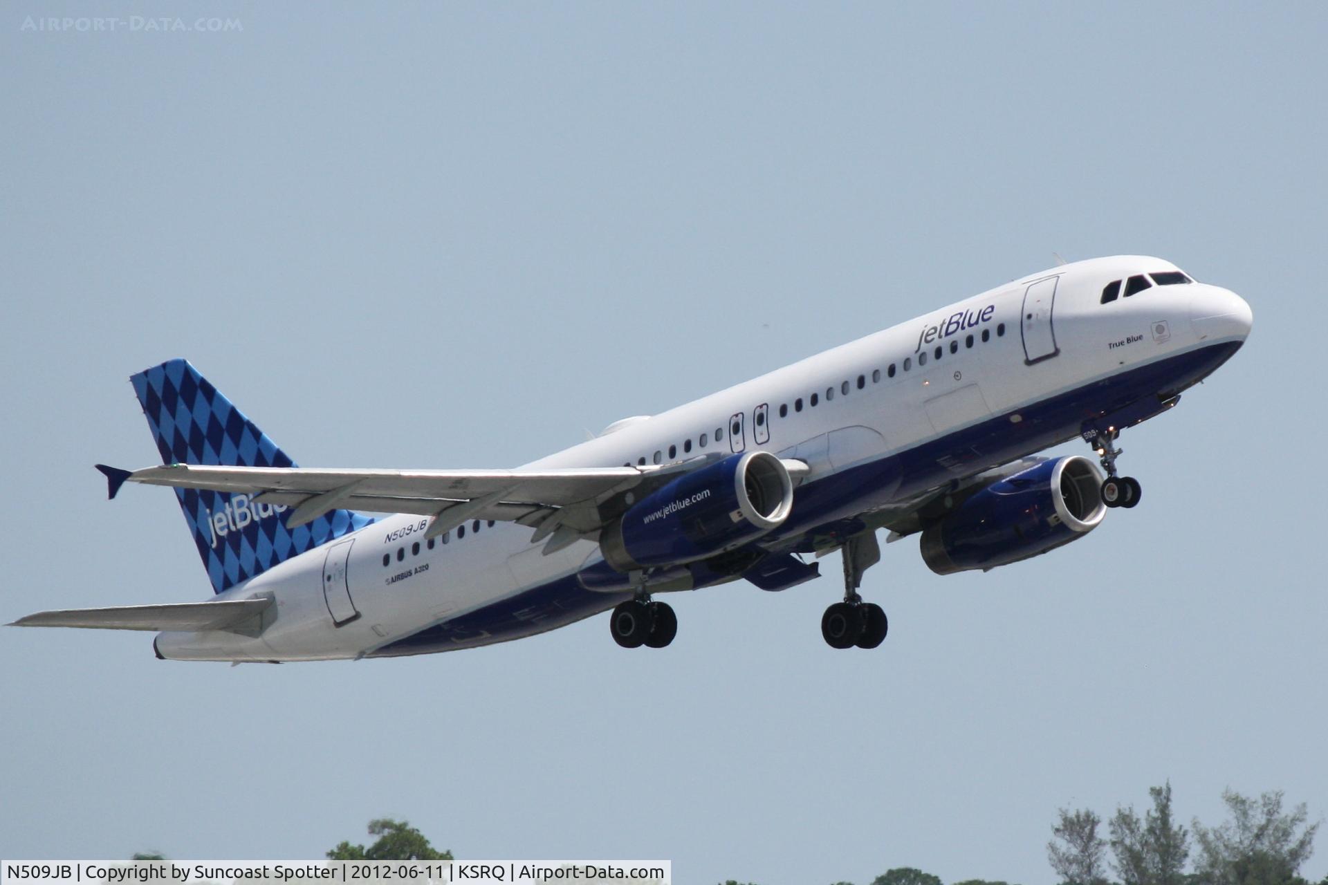 N509JB, 2000 Airbus A320-232 C/N 1270, JetBlue Flight 346 departs Runway 14 at Sarasota-Bradenton International Airport enroute to John F Kennedy International Airport