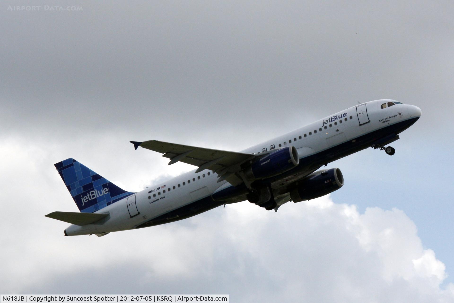 N618JB, 2005 Airbus A320-232 C/N 2489, JetBlue Flight 346 departs Sarasota-Bradenton International Airport