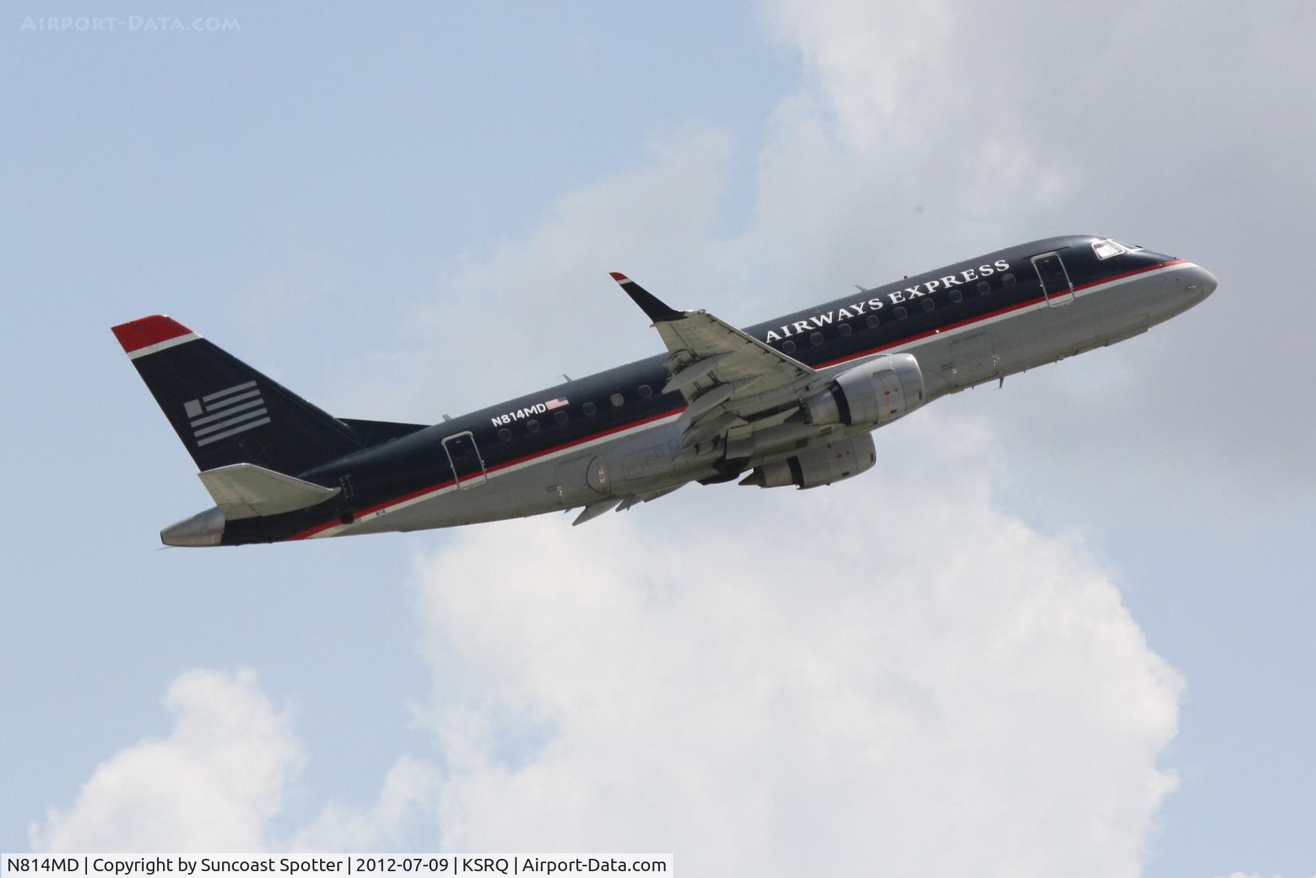N814MD, 2004 Embraer 170SU (ERJ-170-100SU) C/N 17000033, US Air Flight 3396 operated by Republic (N814MD) departs Sarasota-Bradenton International Airport enroute to Reagan National Airport
