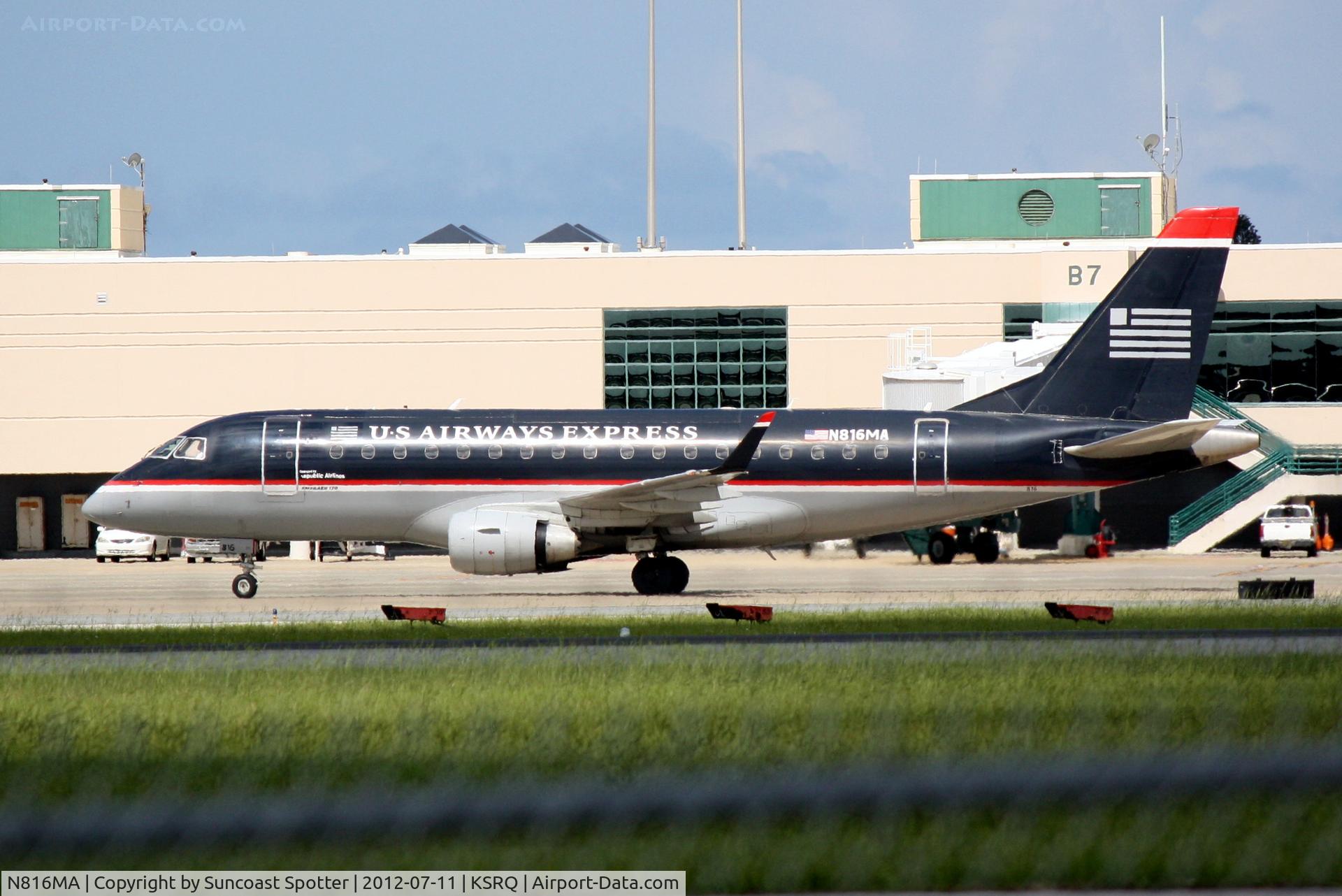 N816MA, 2004 Embraer 170SU (ERJ-170-100SU) C/N 17000037, US Air Flight 3327 operated by Republic arrives at Sarasota-Bradenton International Airport following a flight from Reagan National Airport