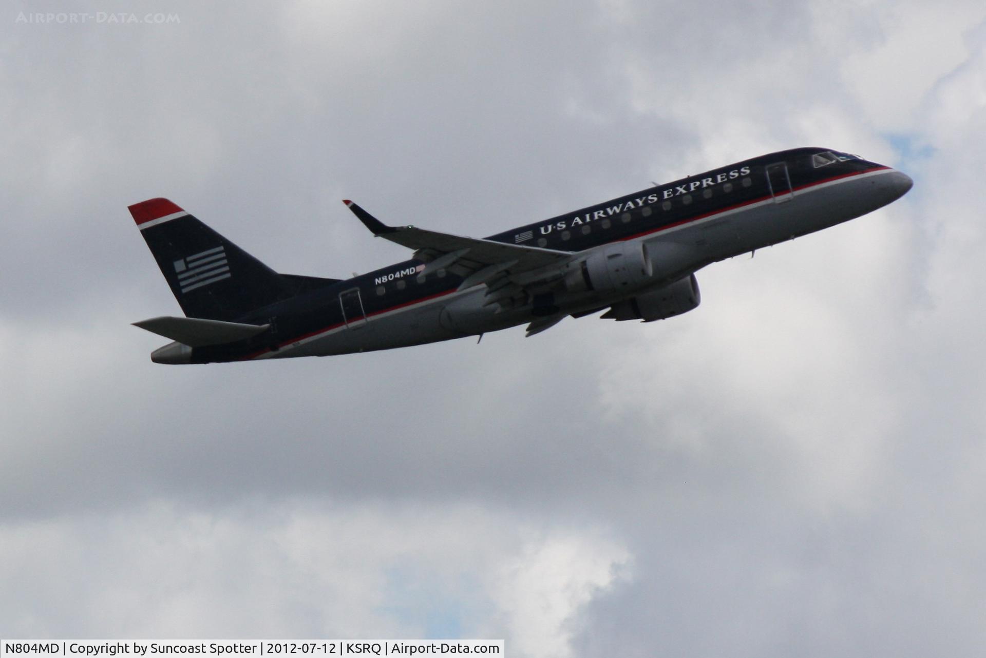 N804MD, 2004 Embraer 170SU (ERJ-170-100SU) C/N 17000016, US Air Flight 3396 operated by Republic departs Sarasota-Bradenton International Airport enroute to Reagan National Airport