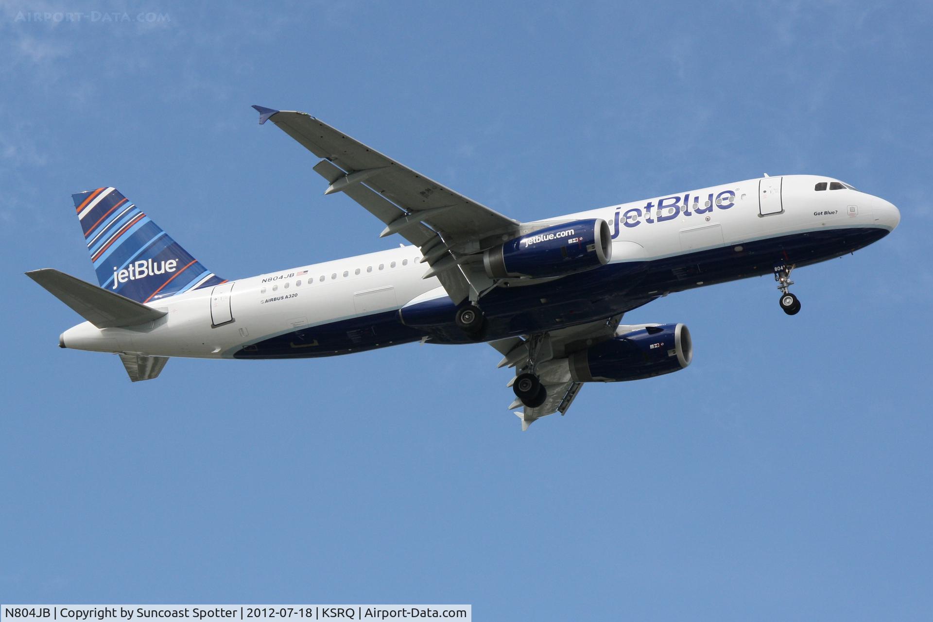 N804JB, 2012 Airbus A320-232 C/N 5142, JetBlue Flight 341 on approach to Runway 32 at Sarasota-Bradenton International Airport following a flight from John F Kennedy International Airport