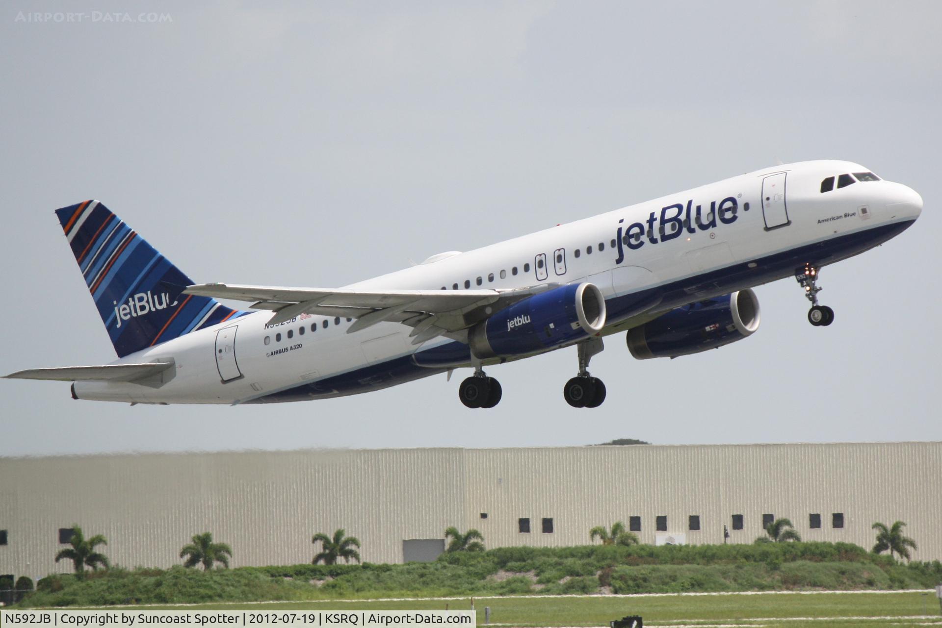 N592JB, 2004 Airbus A320-232 C/N 2259, JetBlue Flight 346 departs Sarasota-Bradenton International Airport enroute to John F Kennedy International Airport