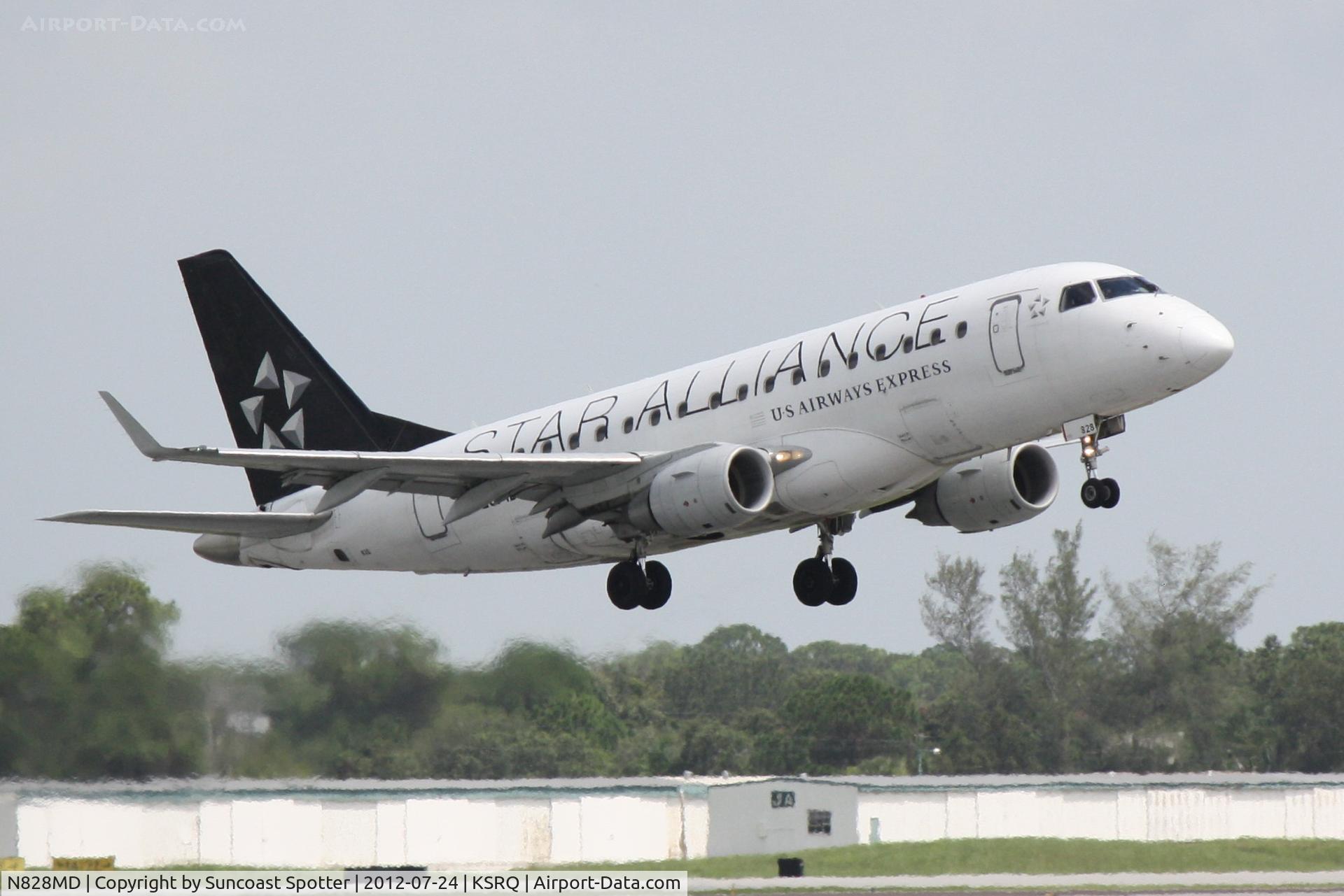 N828MD, 2005 Embraer 170SU (ERJ-170-100SU) C/N 17000048, US Air Flight 3396 operated by Republic departs Sarasota-Bradenton International Airport enroute to Reagan National Airport