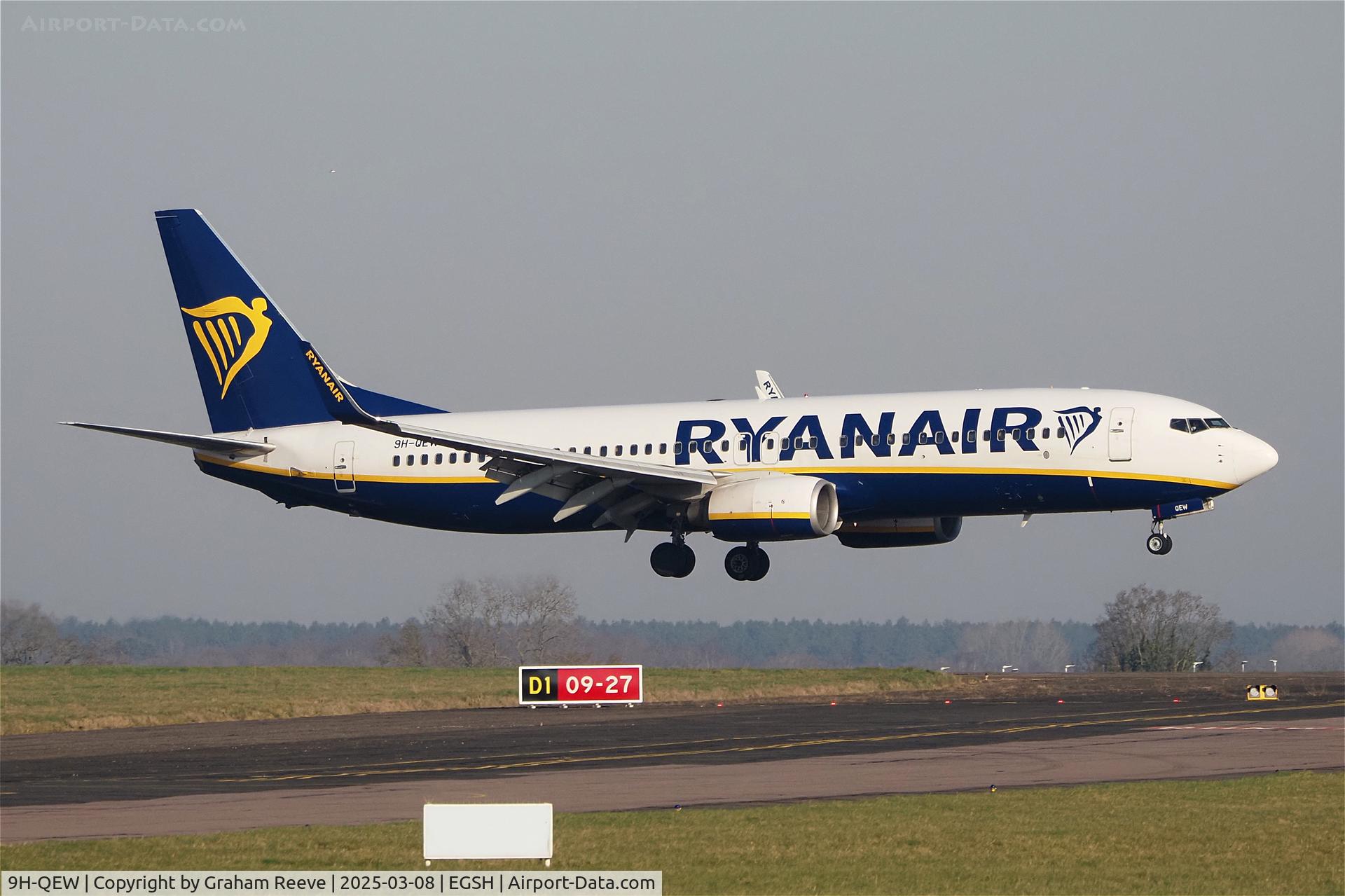 9H-QEW, 2005 Boeing 737-8AS(WL) C/N 33580, Landing at Norwich.