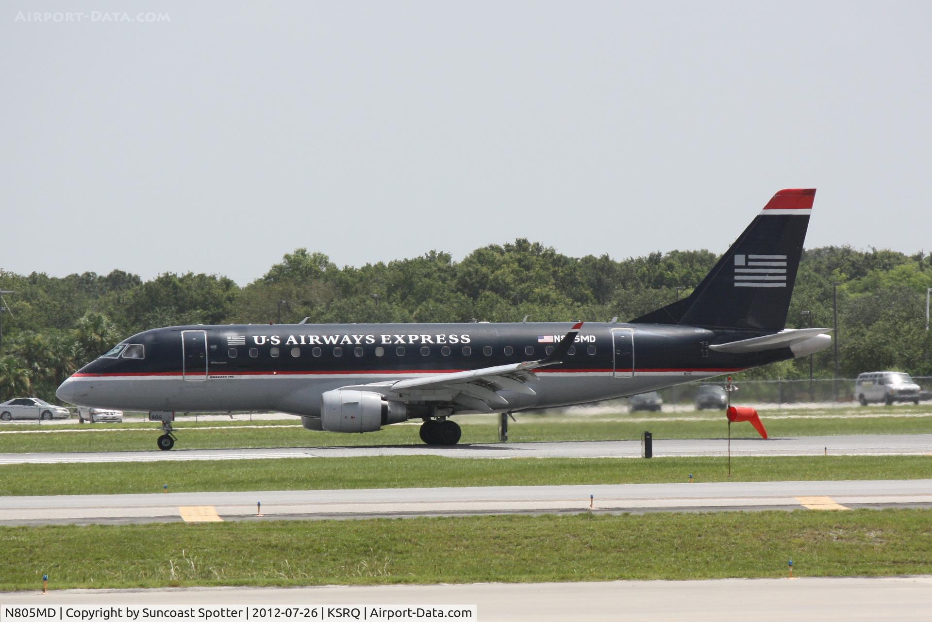 N805MD, 2004 Embraer 170SU (ERJ-170-100SU) C/N 17000018, US Air Flight 3396 operated by Republic prepares for flight at Sarasota-Bradenton International Airport