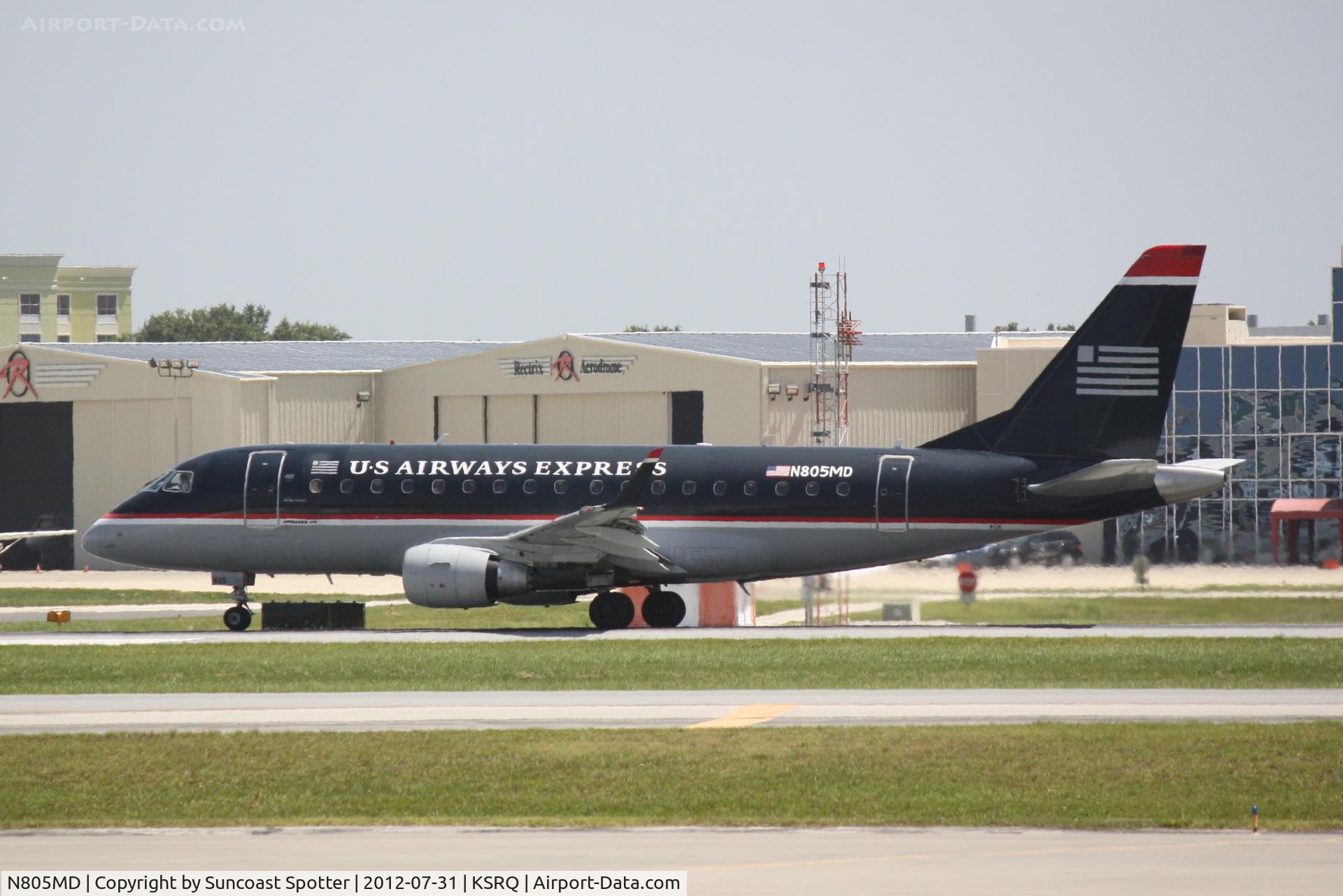 N805MD, 2004 Embraer 170SU (ERJ-170-100SU) C/N 17000018, US Air Flight 3396 operated by Republic departs Sarasota-Bradenton International Airport enroute to Reagan National Airport