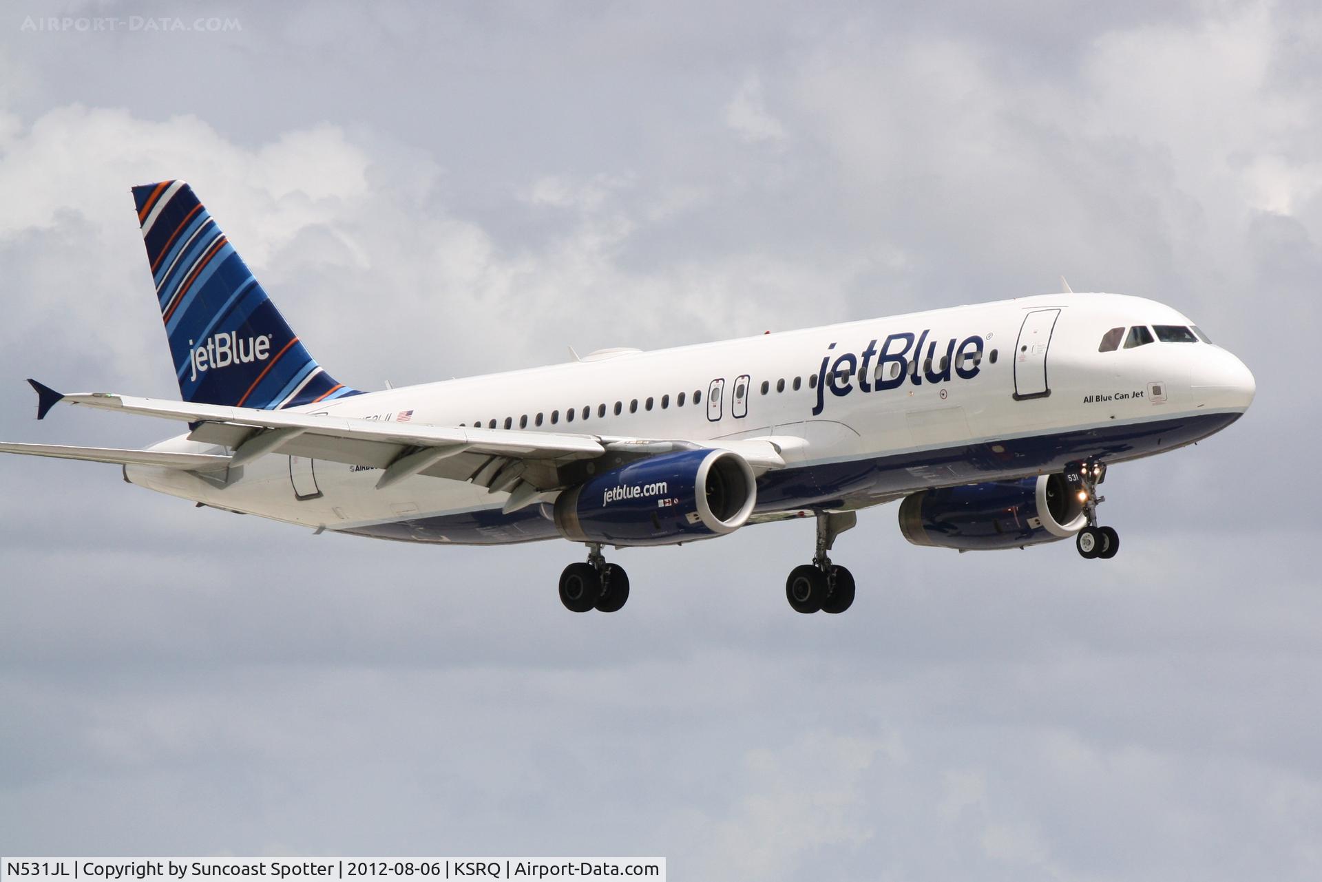 N531JL, 2001 Airbus A320-232 C/N 1650, JetBlue Flight 341 on approach to Sarasota-Bradenton International Airport following a flight from John F Kennedy International Airport