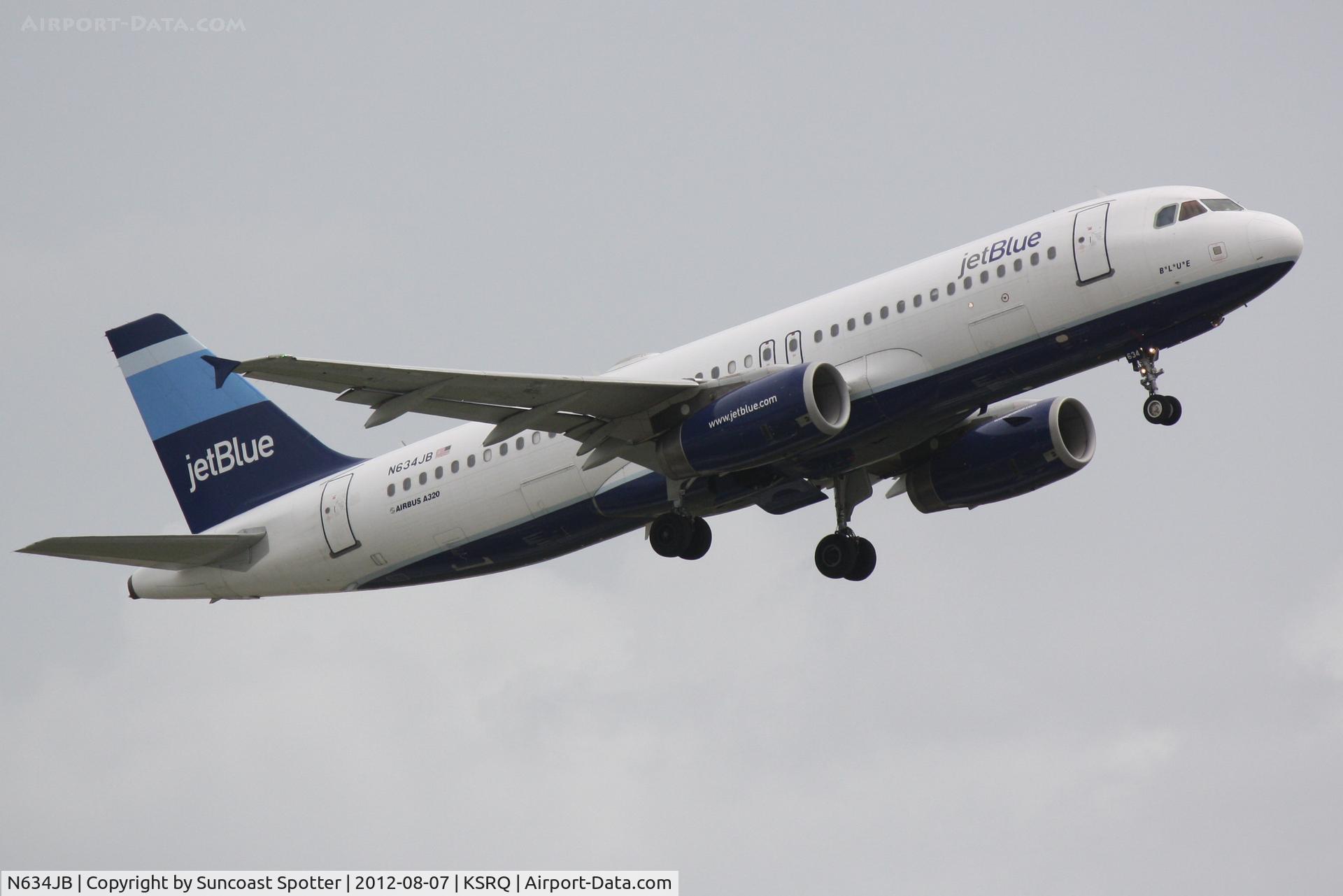N634JB, 2006 Airbus A320-232 C/N 2710, JetBlue Flight 346 departs Sarasota-Bradenton International Airport enroute to John F Kennedy International Airport