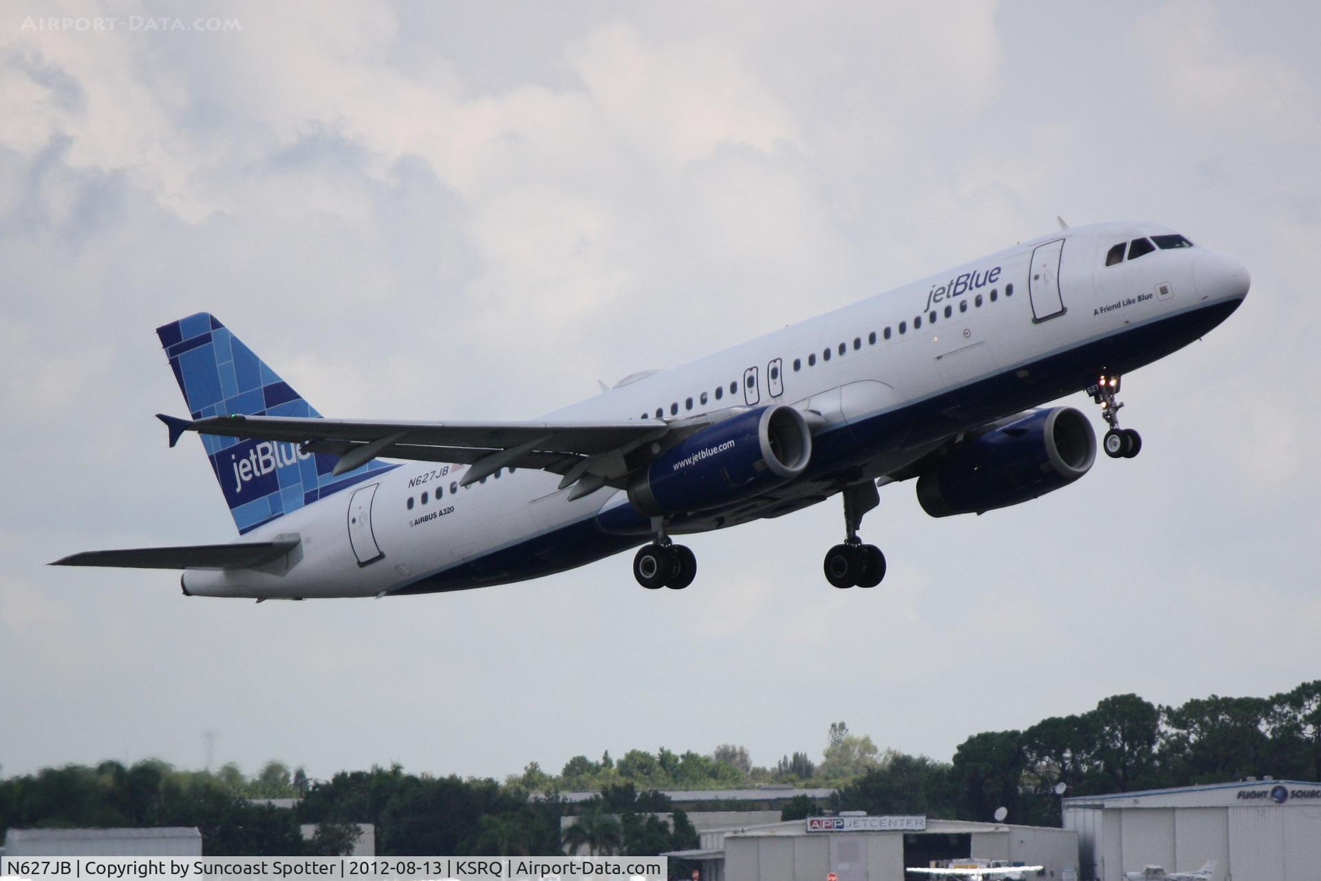 N627JB, 2005 Airbus A320-232 C/N 2577, JetBlue Flight 346 departs Sarasota-Bradenton International Airport enroute to John F Kennedy International Airport