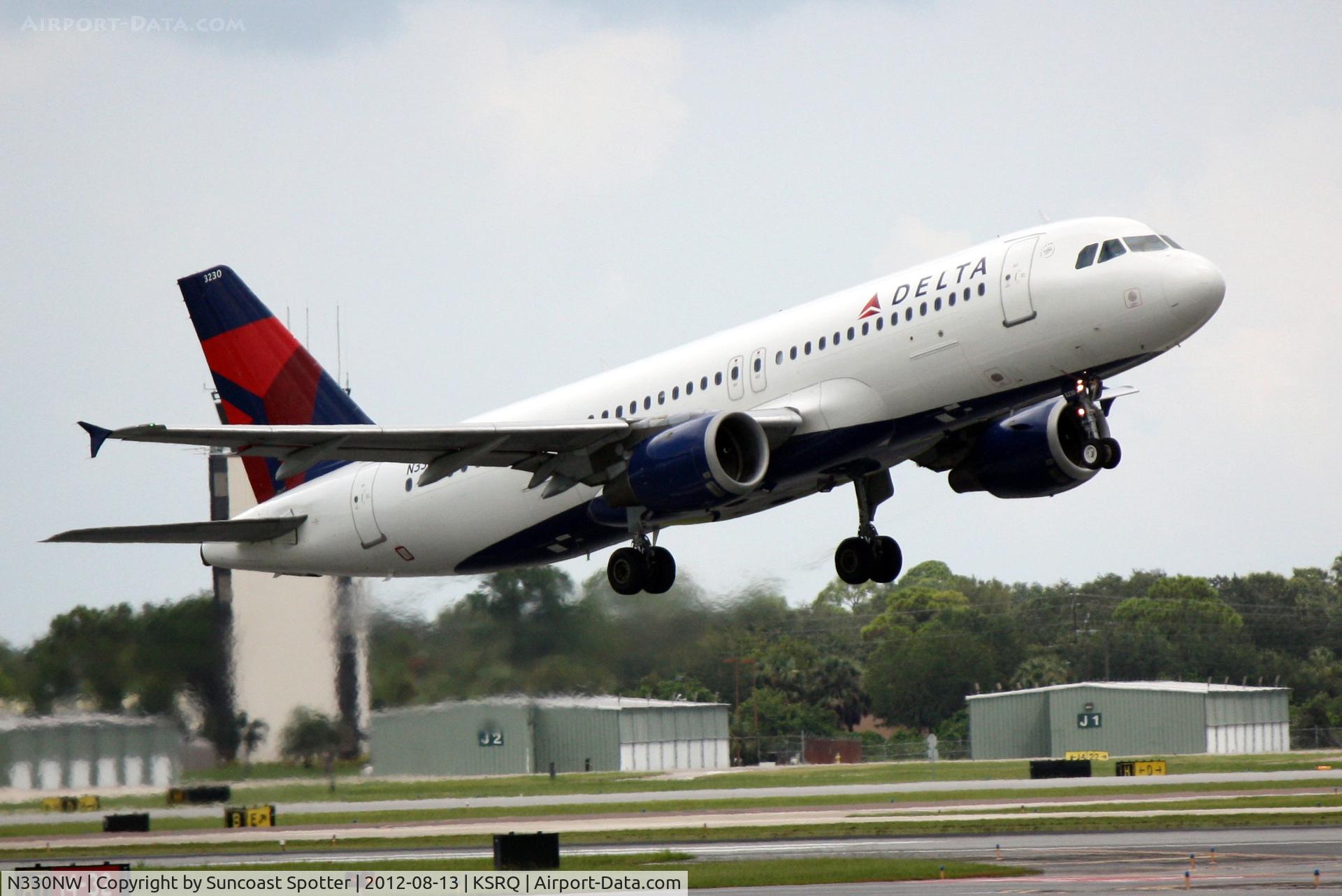 N330NW, 1992 Airbus A320-211 C/N 307, Delta Flight 2298 departs Sarasota-Bradenton International Airport enroute to Hartsfield-Jackson International Airport