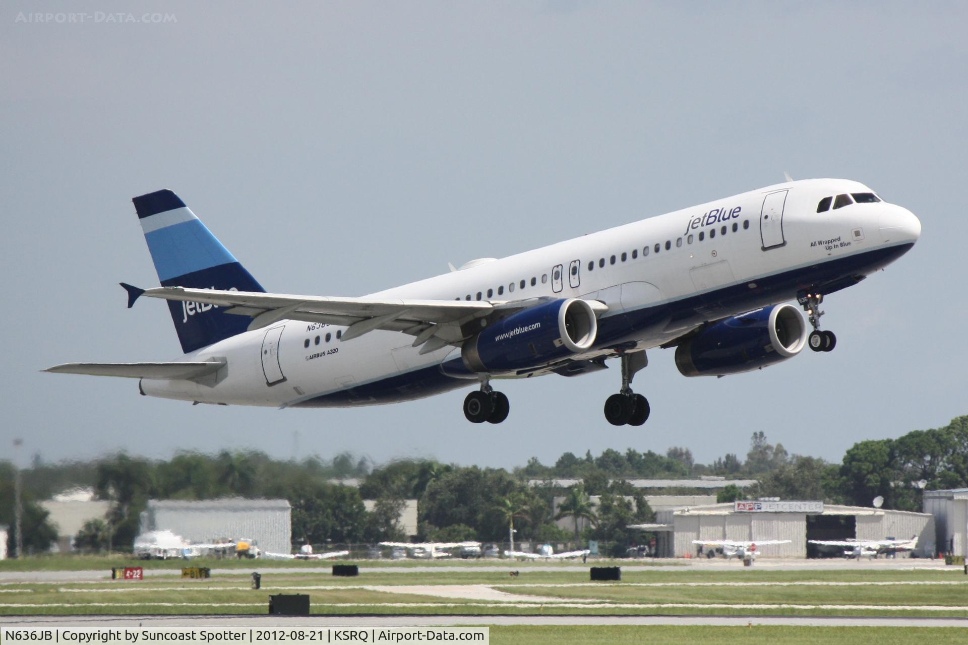 N636JB, 2006 Airbus A320-232 C/N 2755, JetBlue Flight 346 departs Sarasota-Bradenton International Airport enroute to John F Kennedy International Airport