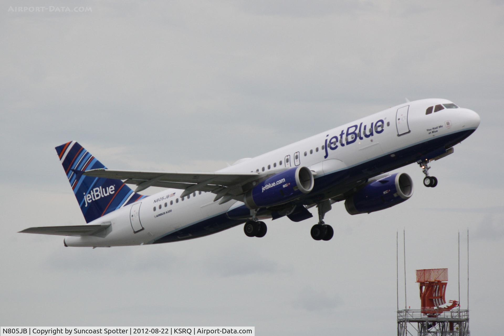 N805JB, 2012 Airbus A320-232 C/N 5148, JetBlue departs SRQ