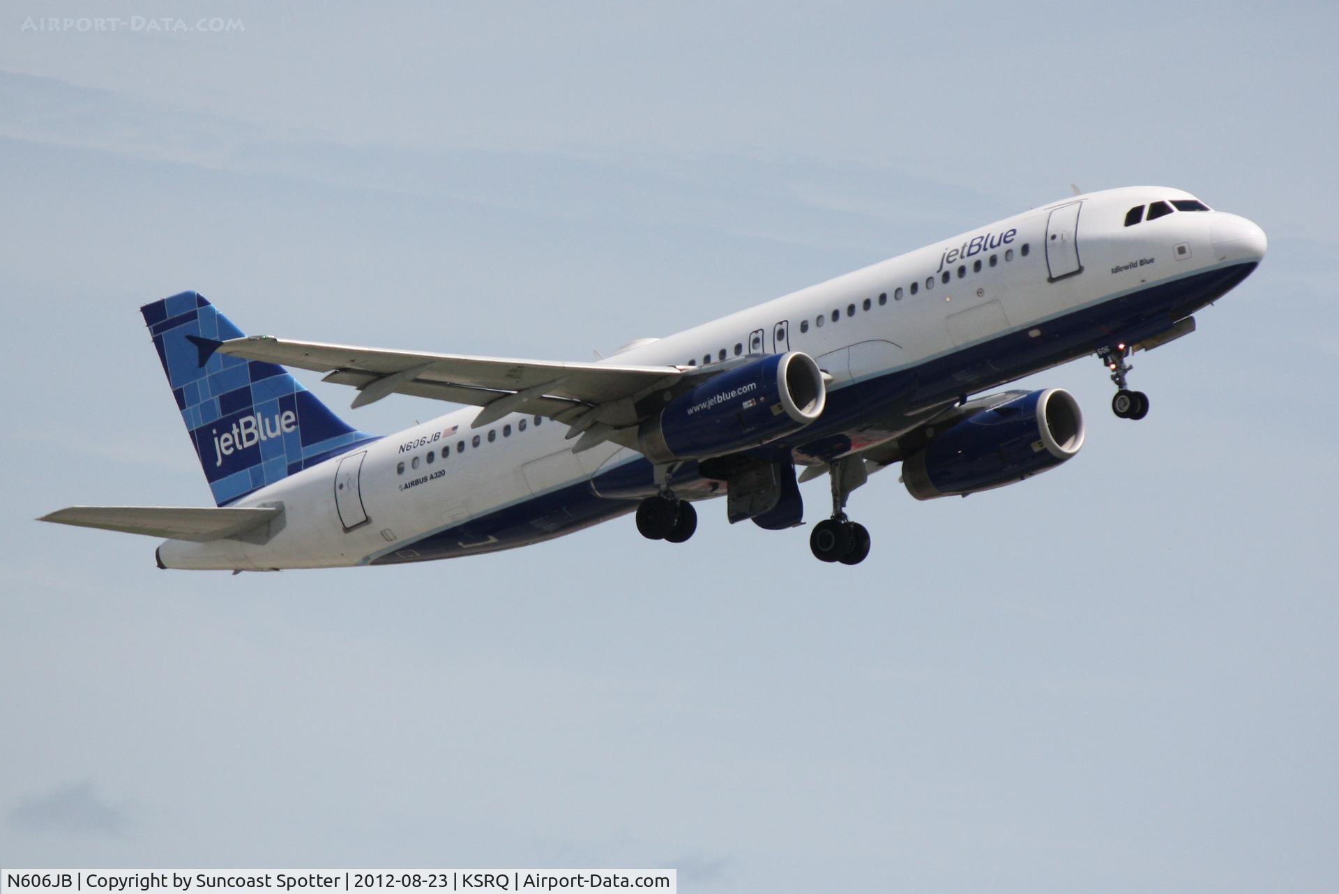 N606JB, 2005 Airbus A320-232 C/N 2384, JetBlue Flight 346 departs Sarasota-Bradenton International Airport enroute to John F Kennedy International Airport