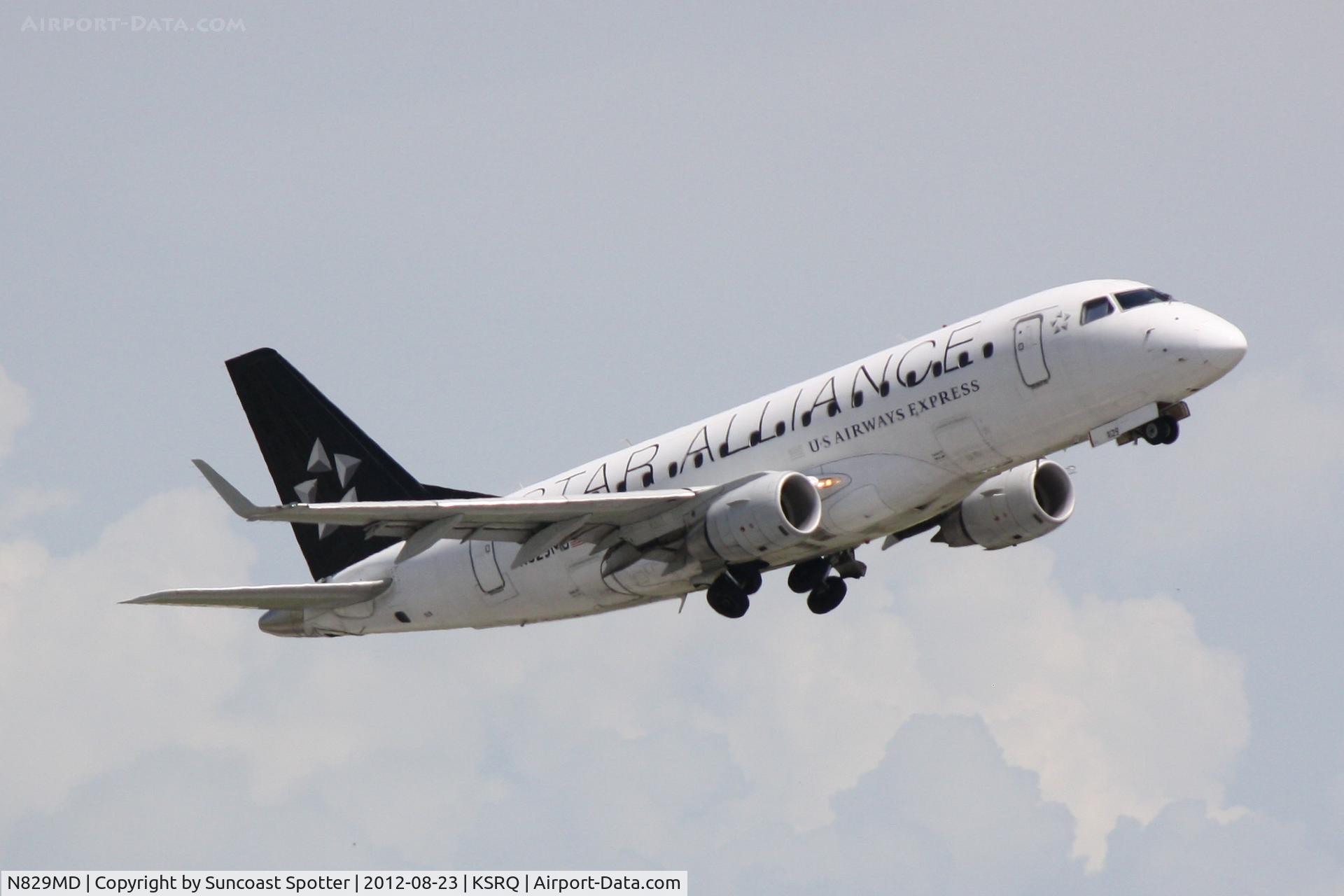 N829MD, 2005 Embraer 170SU (ERJ-170-100SU) C/N 17000049, US Air Flight 3396 operated by Republic departs Sarasota=Bradenton International Airport enroute to Reagan National Airport