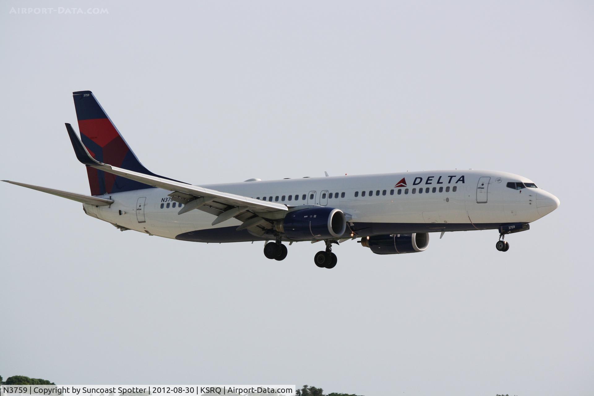 N3759, 2001 Boeing 737-832 C/N 30815, Delta Flight 2298 arrives at Sarasota-Bradenton International Airport following a flight from Hartsfield-Jackson International Airport