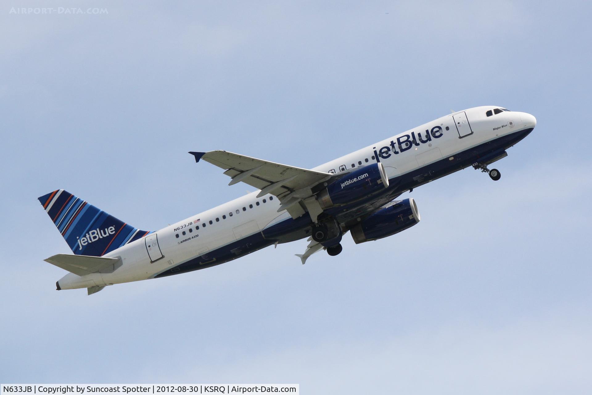 N633JB, 2006 Airbus A320-232 C/N 2671, JetBlue Flight 346 departs Sarasota-Bradenton International Airport enroute to John F Kennedy International Airport
