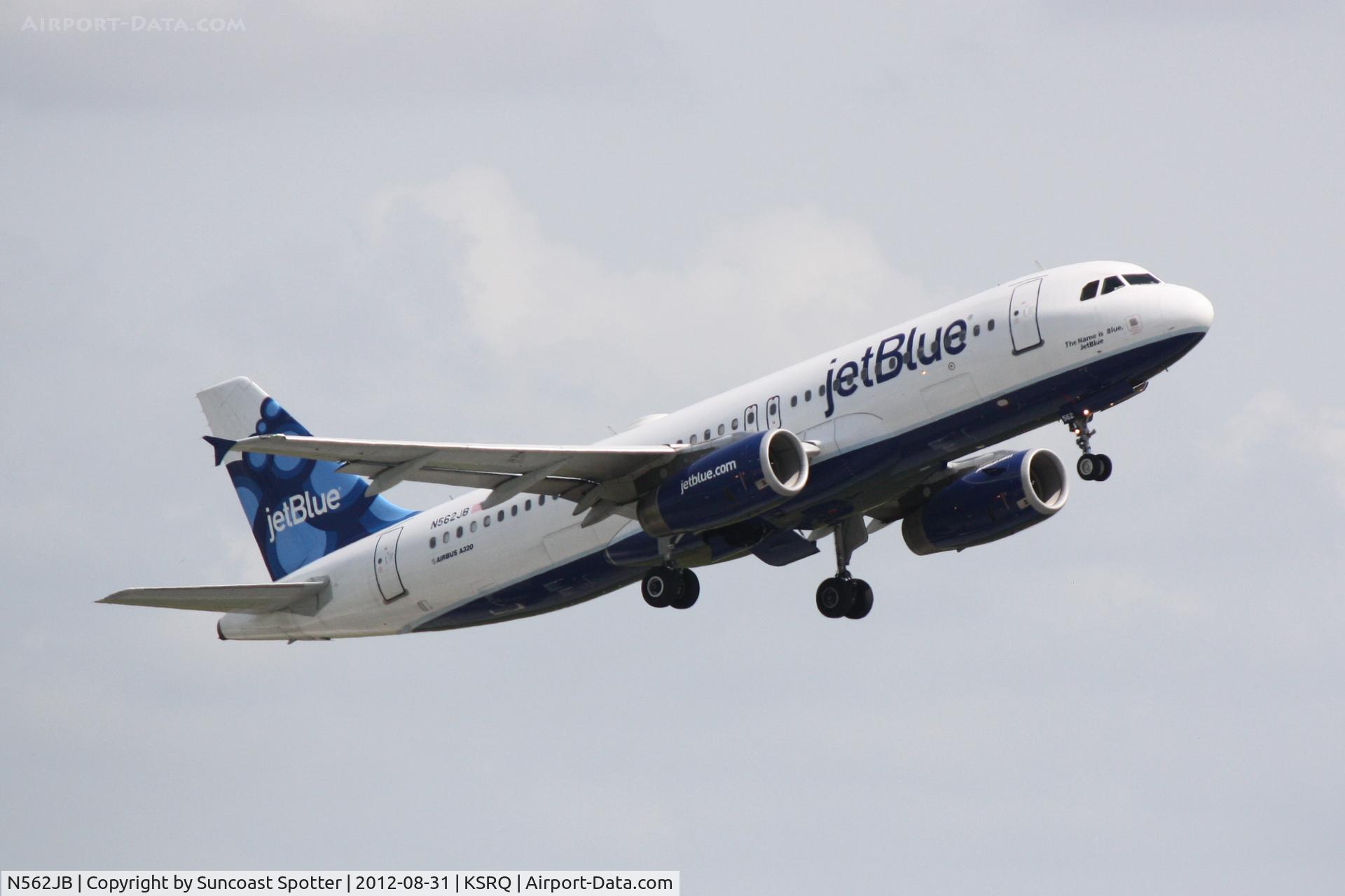 N562JB, 2003 Airbus A320-232 C/N 1948, JetBlue Flight 346 departs Sarasota-Bradenton International Airport enroute to John F Kennedy International Airport