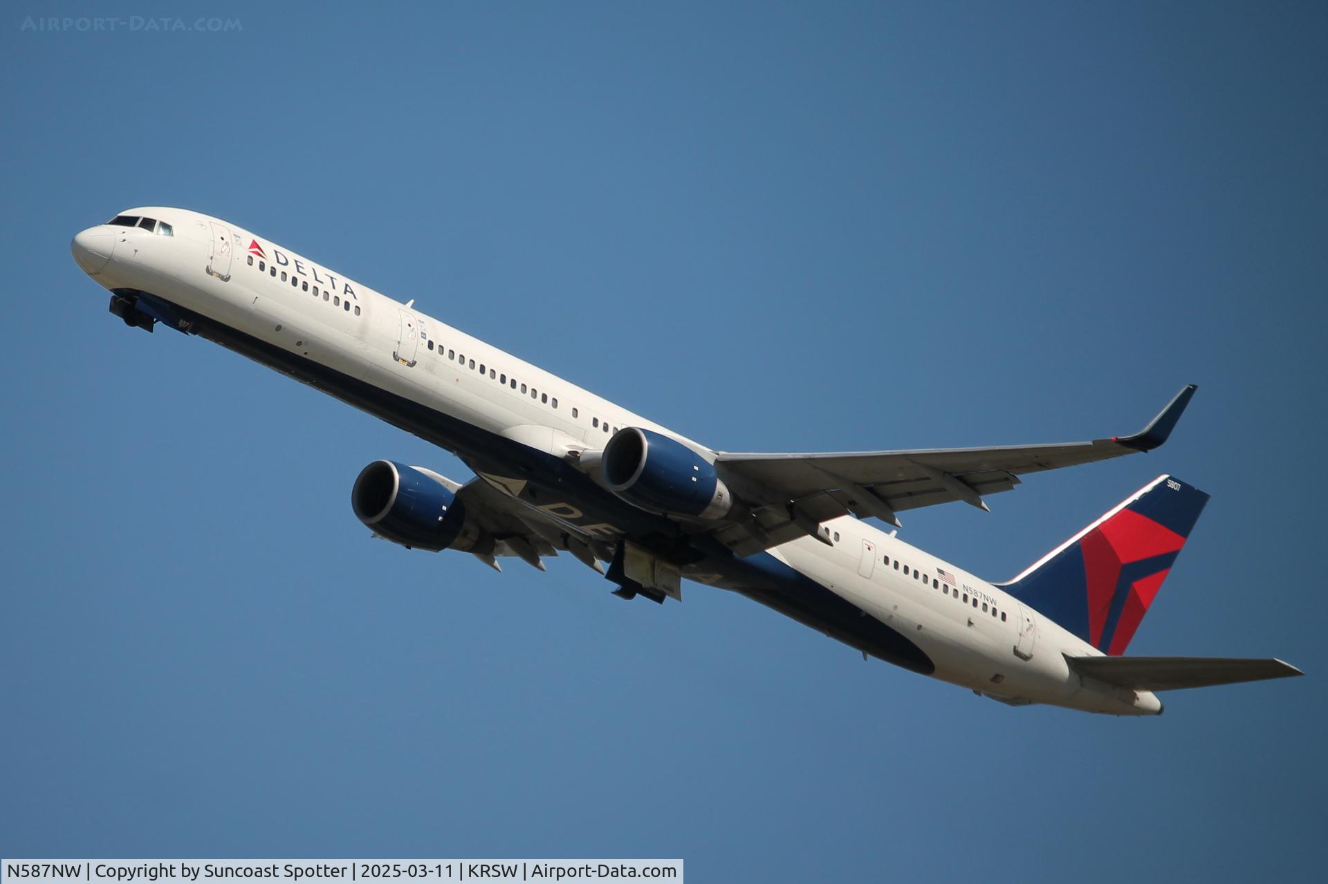 N587NW, 2002 Boeing 757-351 C/N 32986, Delta Flight 880 departs Southwest Florida International Airport enroute to Minneapolis-St Paul International Airport
