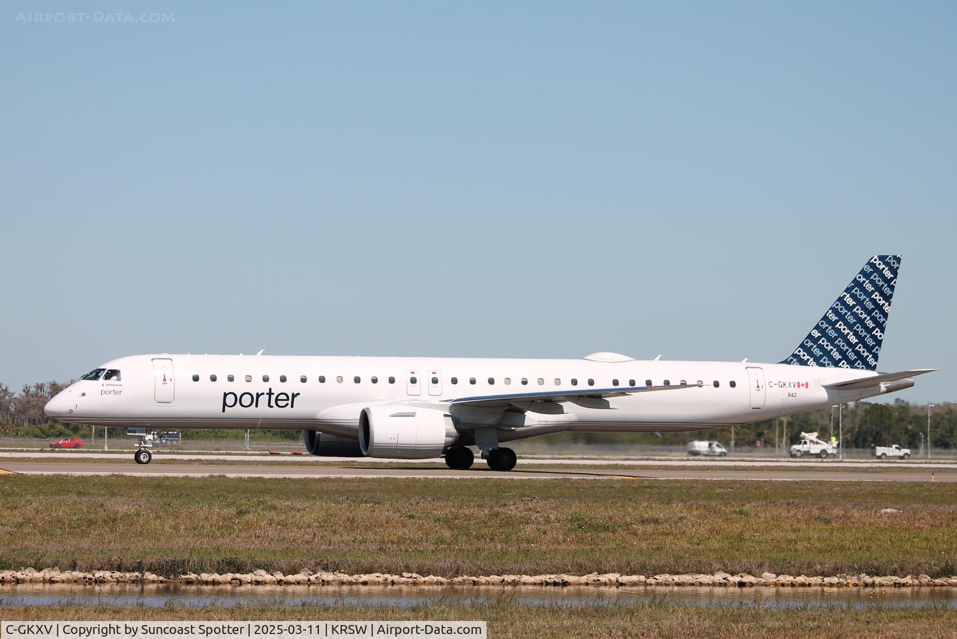 C-GKXV, 2024 Embraer E195-E2 C/N 19020147, Porter Flight 534 taxis at Southwest Florida International Airport prior to flight to Ottawa Macdonald-Cartier International Airport