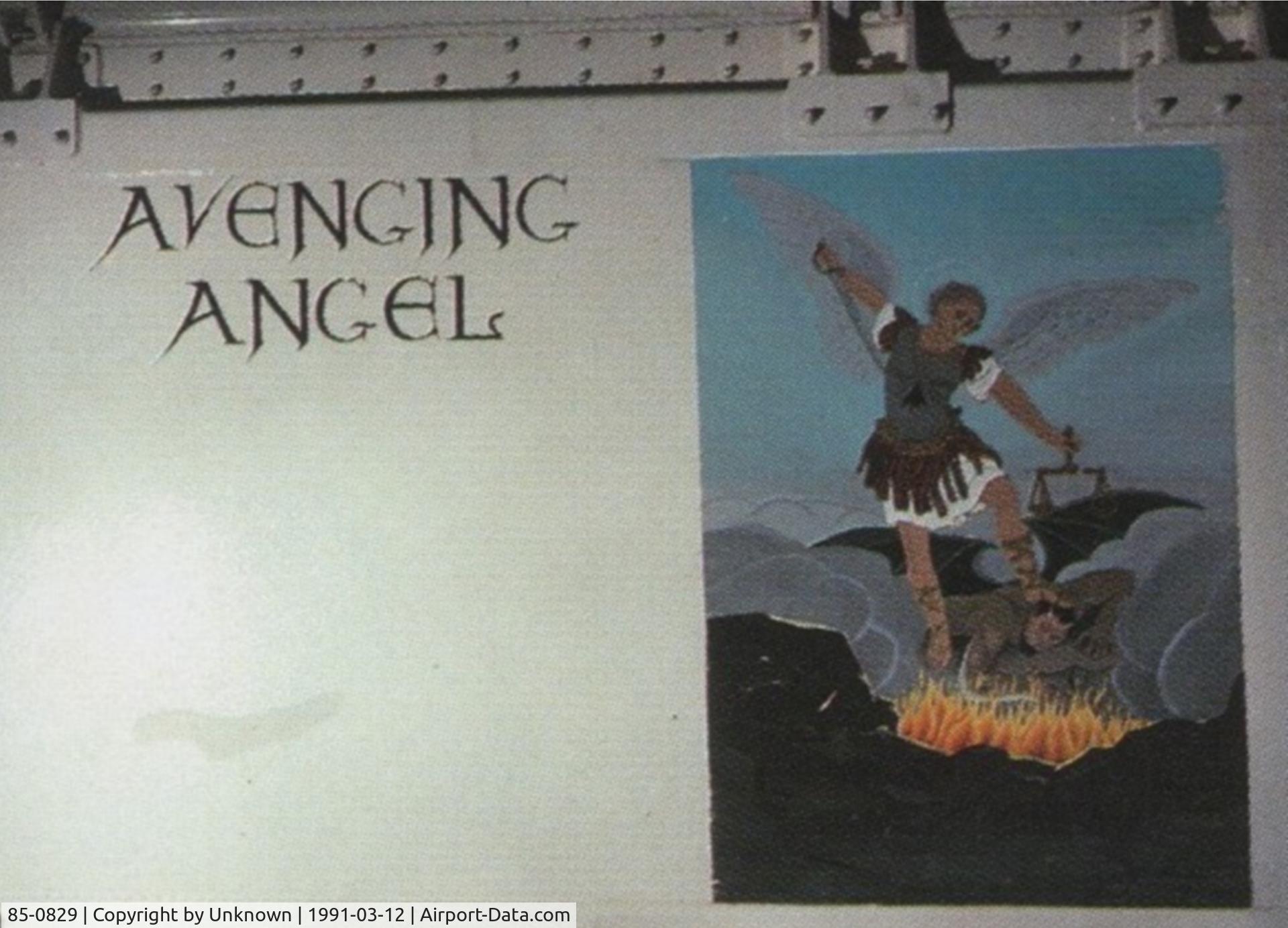85-0829, 1985 Lockheed F-117A Nighthawk C/N A-4051, This is the best image I have of the door art I painted during the Gulf War. The Crew Chief had a prayer card that had the angel Michael forcing Satan into hell. I had been on the crew of the jet before deploying, so I painted it for him.