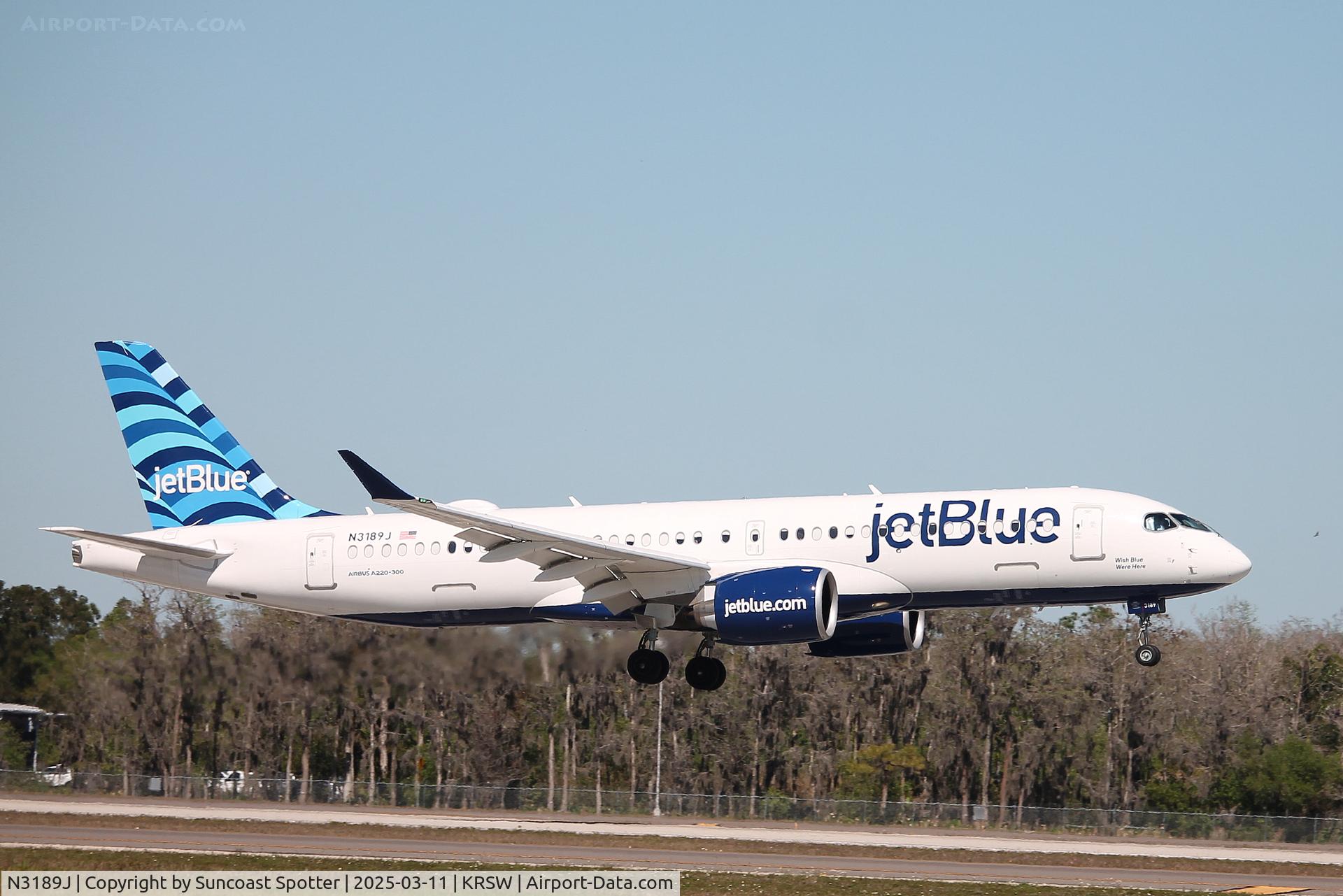 N3189J, 2024 Airbus A220-371 C/N 55274, JetBlue Flight 2065 arrives at Southwest Florida International Airport following flight from Boston-Logan International Airport