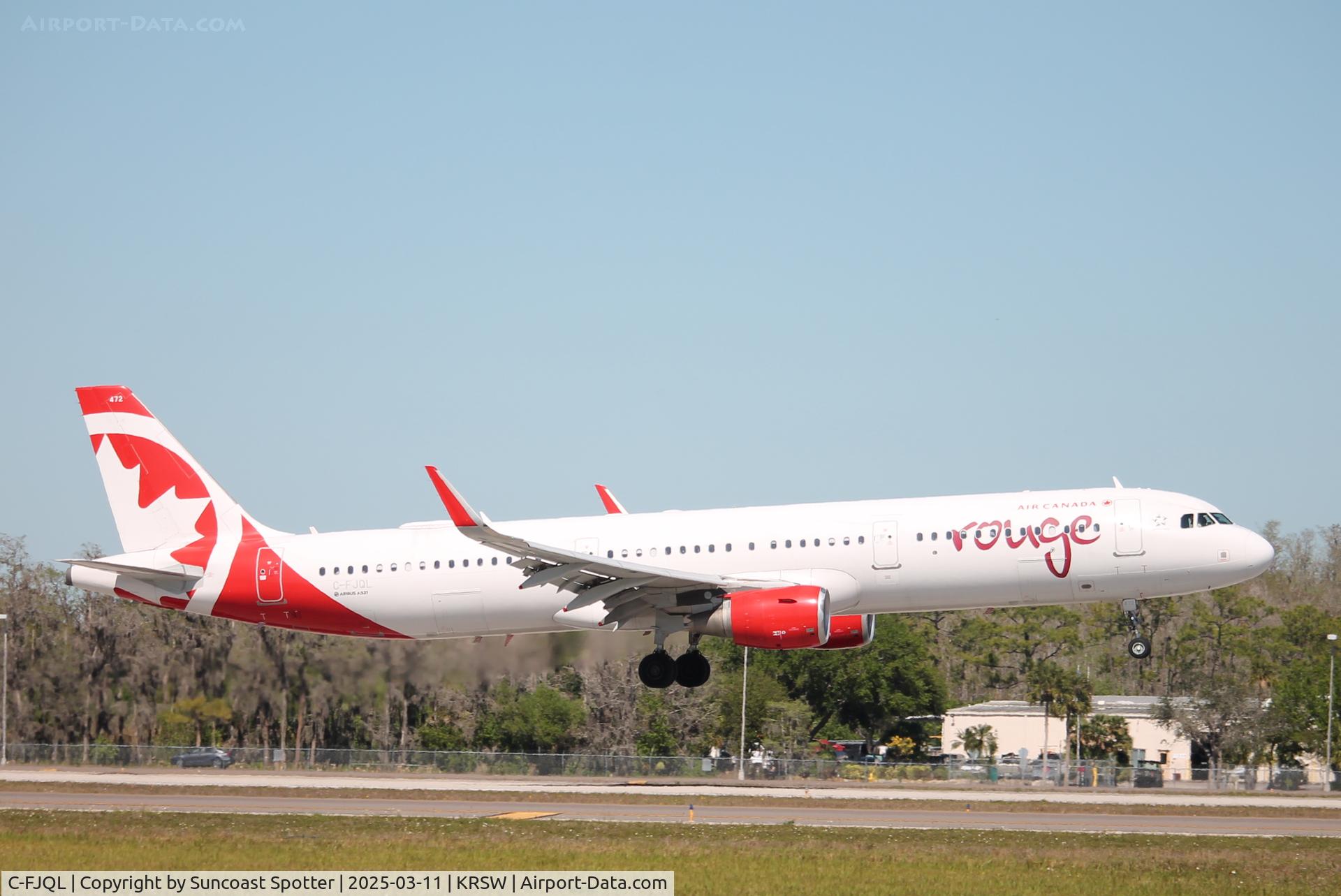 C-FJQL, 2016 Airbus A321-211 C/N 7117, Rouge Flight 1662 arrives at Southwest Florida International Airport following flight from Toronto-Pearson International Airport
