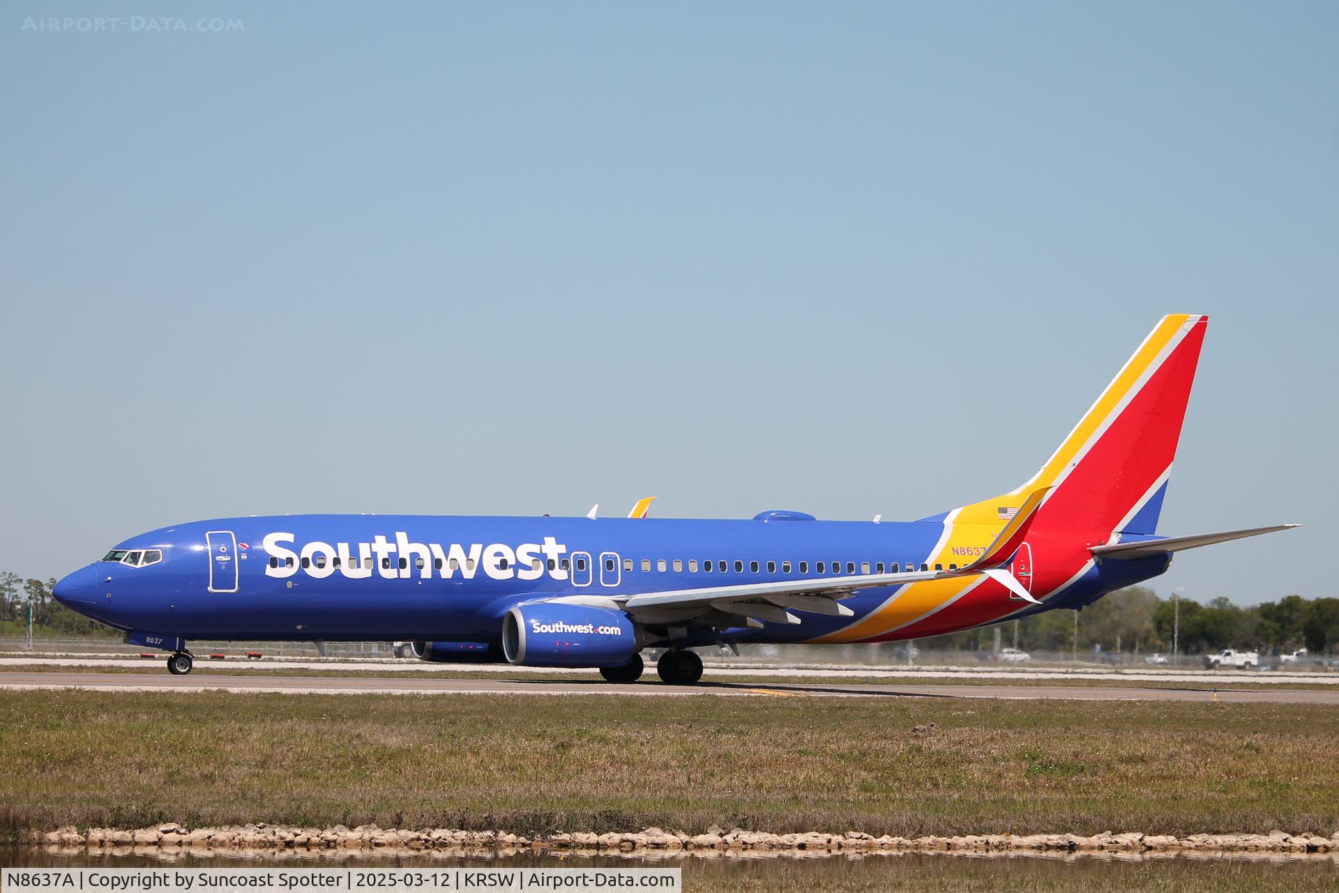 N8637A, 2014 Boeing 737-8H4 C/N 42523, Southwest Flight 4824 taxis at Southwest Florida International Airport prior to flight to Chicago-Midway International Airport