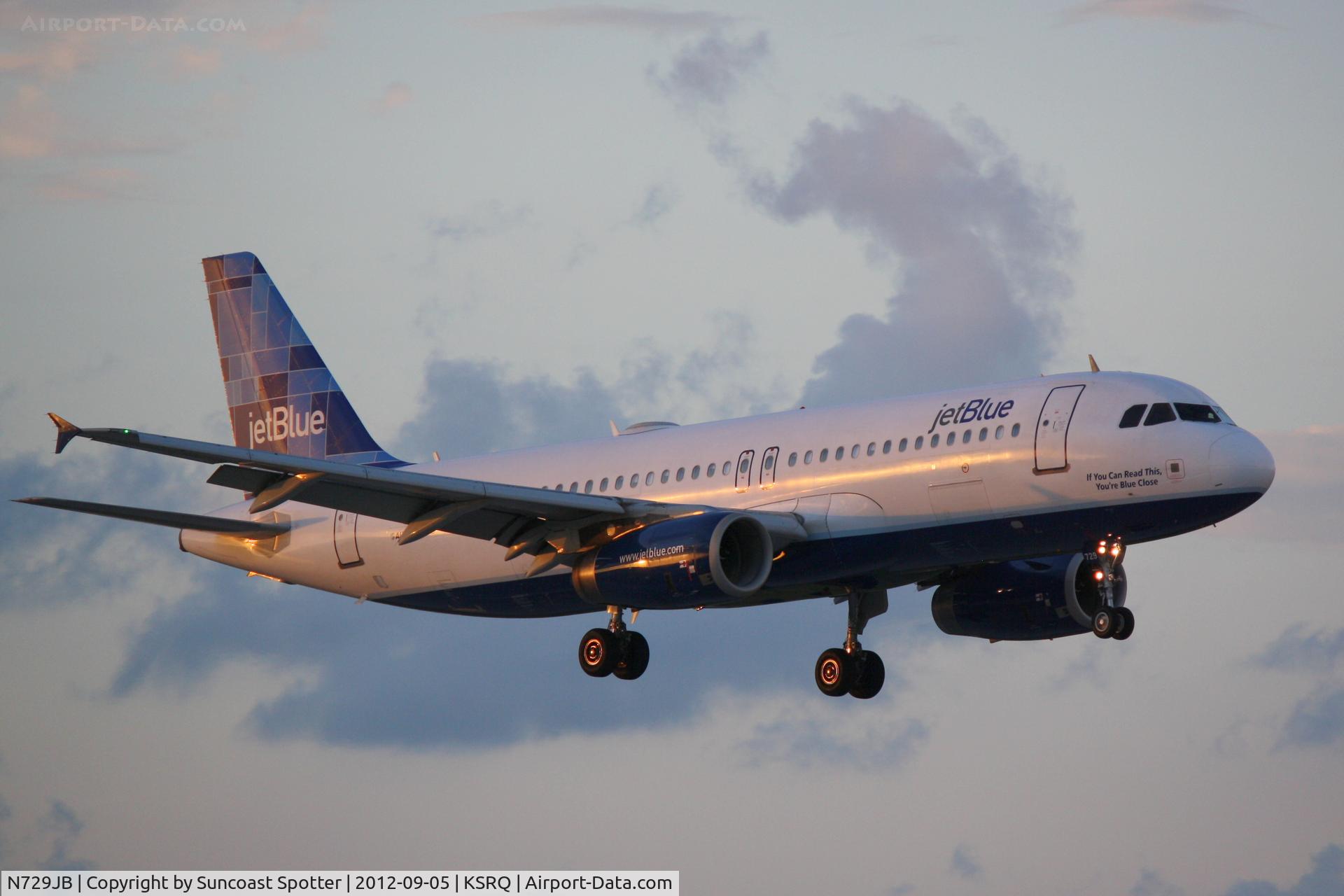 N729JB, 2008 Airbus A320-232 C/N 3572, JetBlue Flight 431 arrives at Sarasota-Bradenton International Airport following a flight from LaGuardia Airport