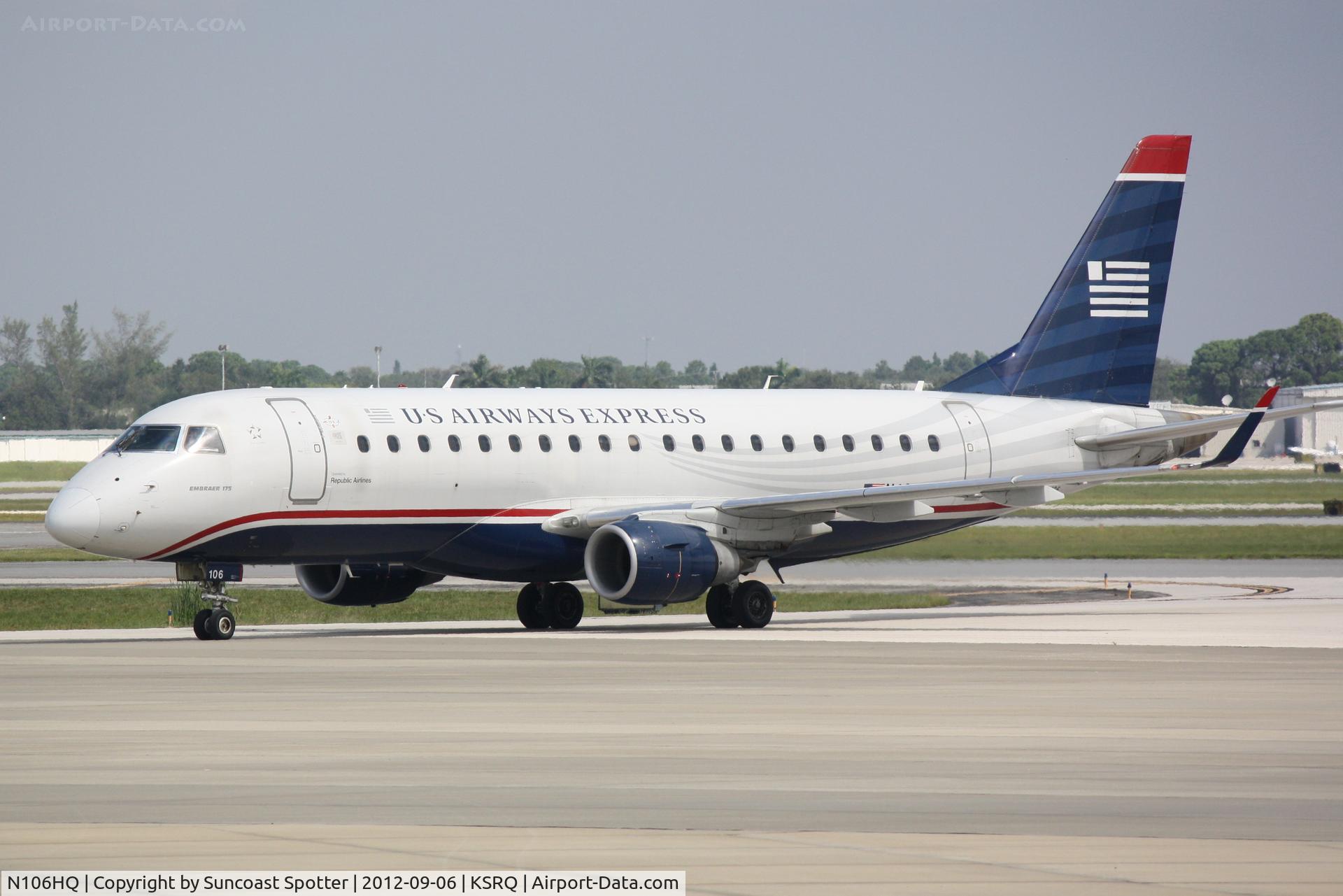 N106HQ, 2007 Embraer 175LR (ERJ-170-200LR) C/N 17000164, US Air Flight 3327 operated by Republic Airlines arrives at Sarasota-Bradenton International Airport following a flight from Reagan National Airport