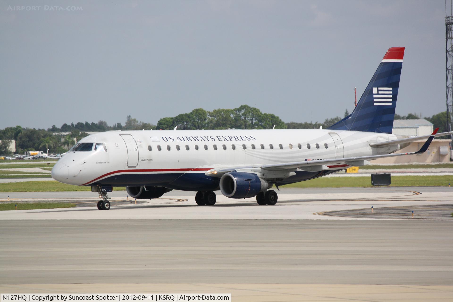 N127HQ, 2008 Embraer 175LR (ERJ-170-200LR) C/N 17000206, US Air Flight 3327 operated by Republic arrives at Sarasota-Bradenton International Airport following a flight from Reagan National Airport