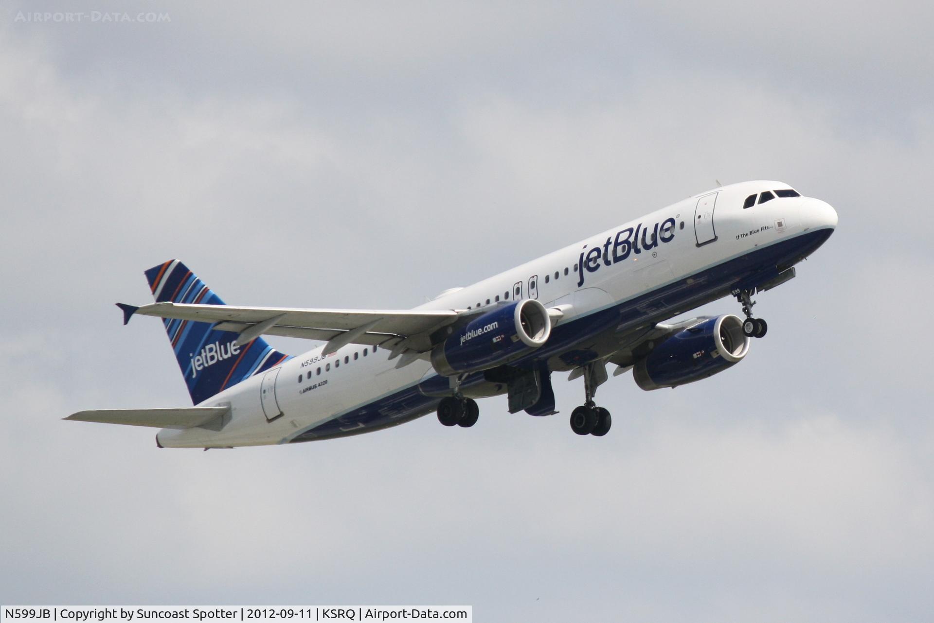 N599JB, 2004 Airbus A320-232 C/N 2336, JetBlue Flight 164 departs Sarasota-Bradenton International Airport enroute to John F Kennedy International Airport