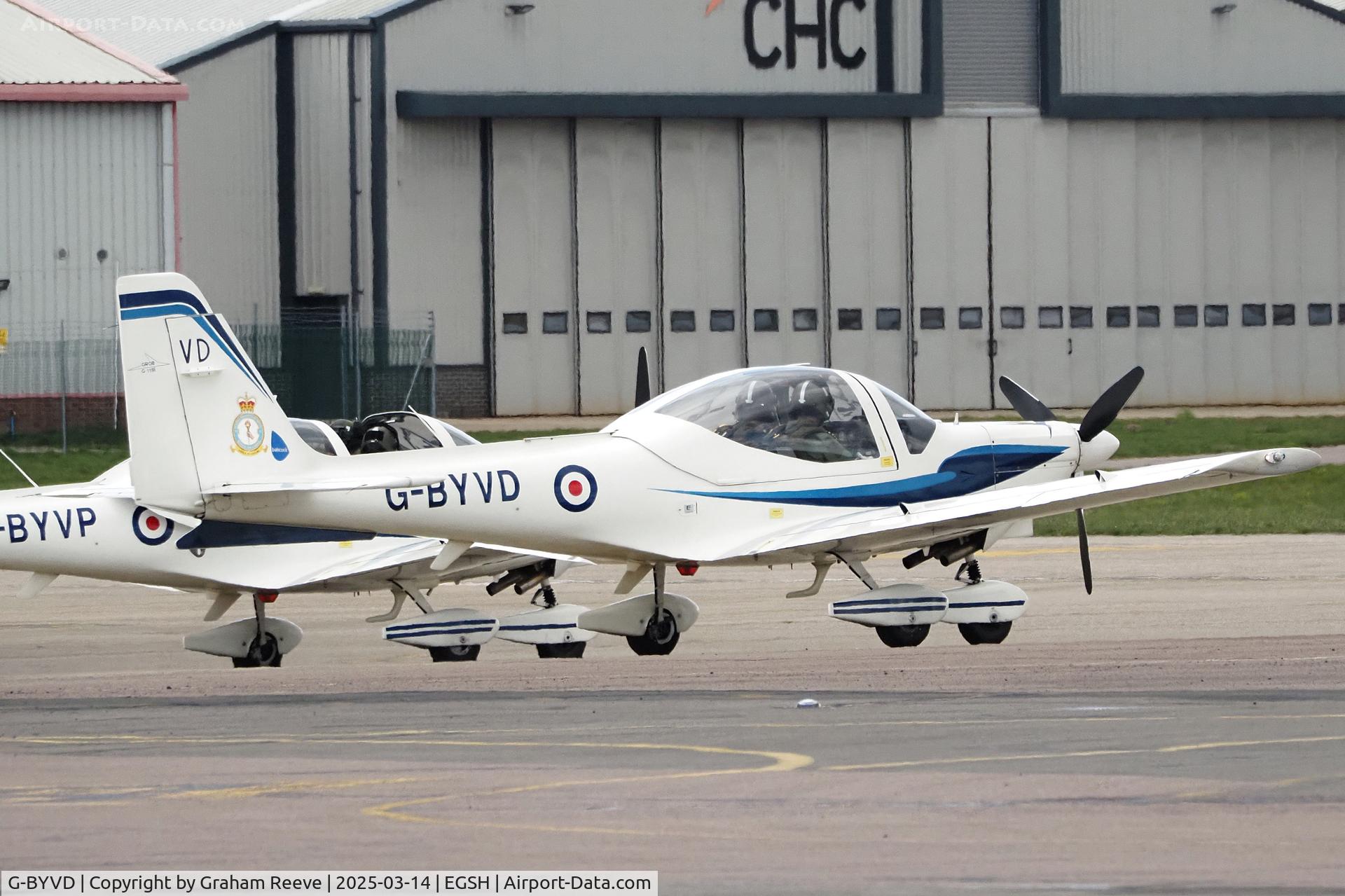 G-BYVD, 2000 Grob G-115E Tutor T1 C/N 82114/E, Departing from Norwich.