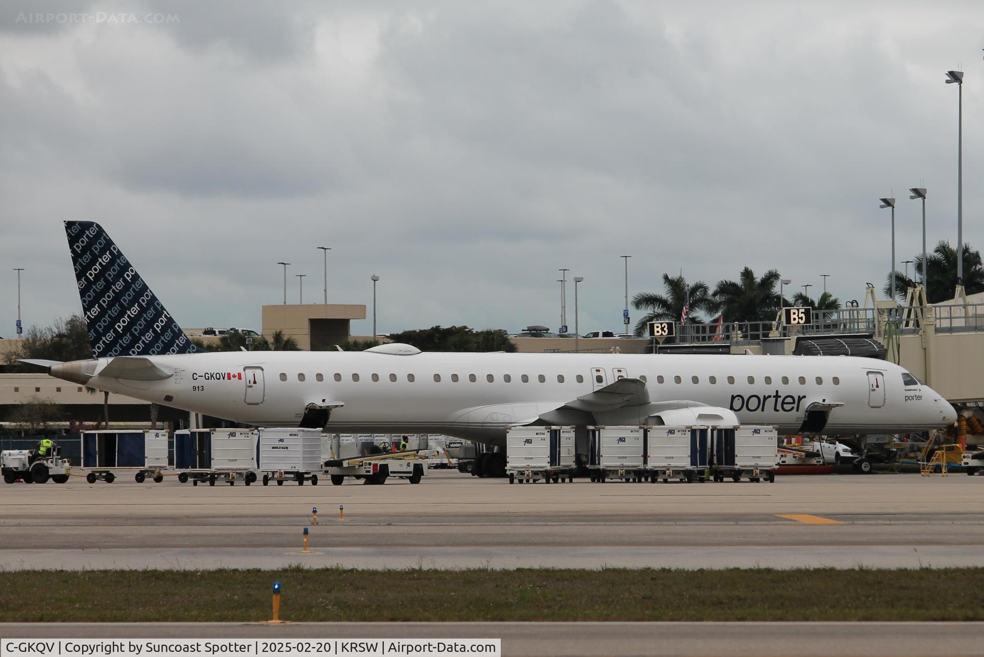 C-GKQV, 2023 Embraer E195 E2 C/N 19020094, Porter 536 sits at Gate B1 at Tampa International Airport prior to flight to Toronto-Pearson International Airport