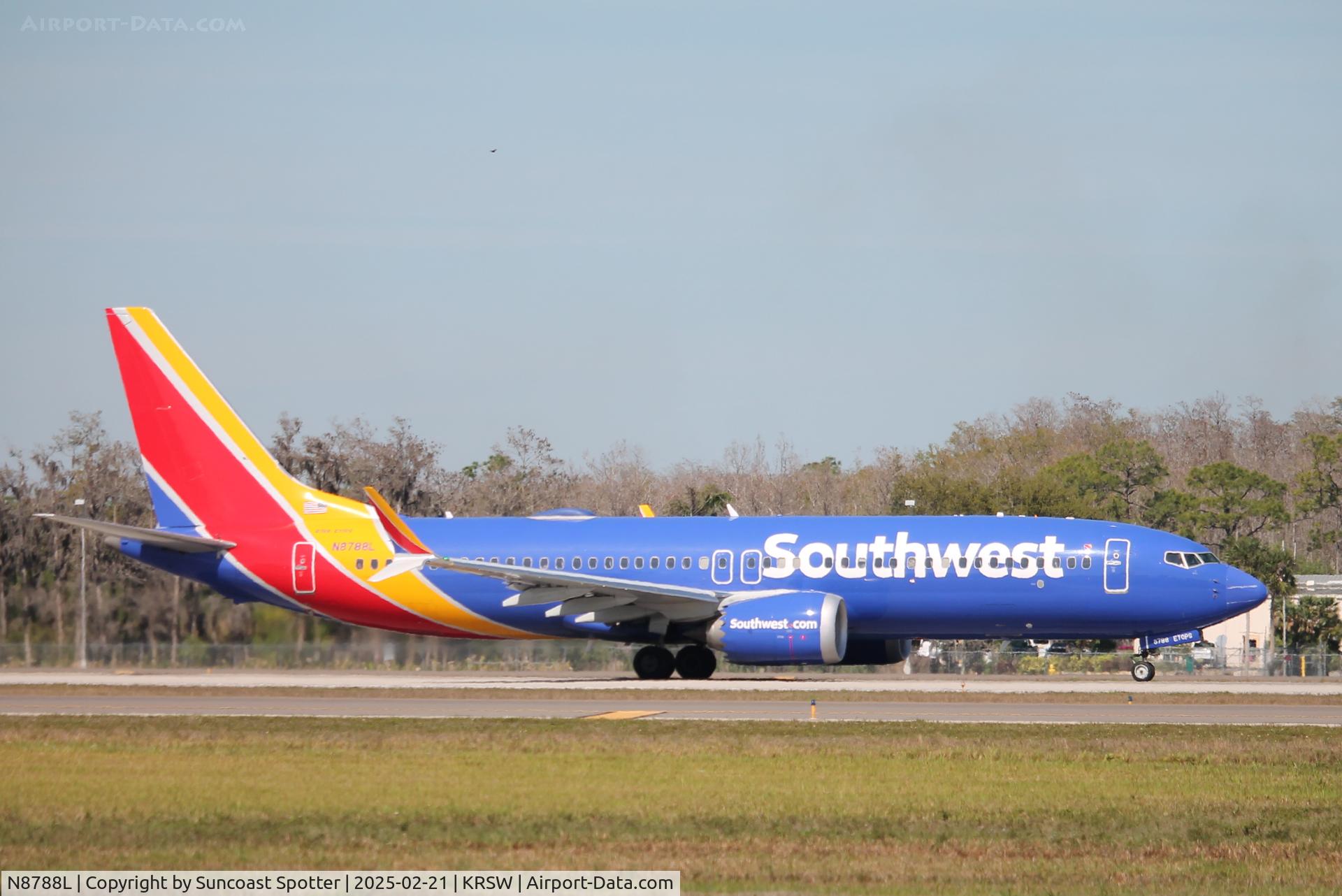 N8788L, 2022 Boeing 737-8 MAX C/N 67777, Southwest Flight 2732 departs Runway 6 at Southwest Florida International Airport enroute to Denver International Airport