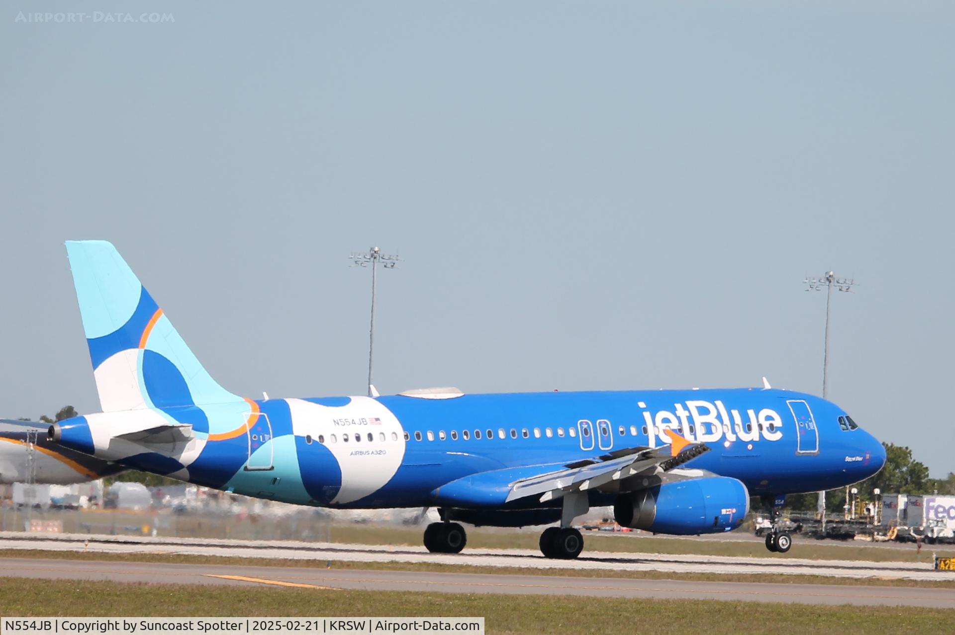 N554JB, 2002 Airbus A320-232 C/N 1898, JetBlue Flight 1529 arrives on Runway 6 at Southwest Florida International Airport following flight from John F Kennedy International Airport