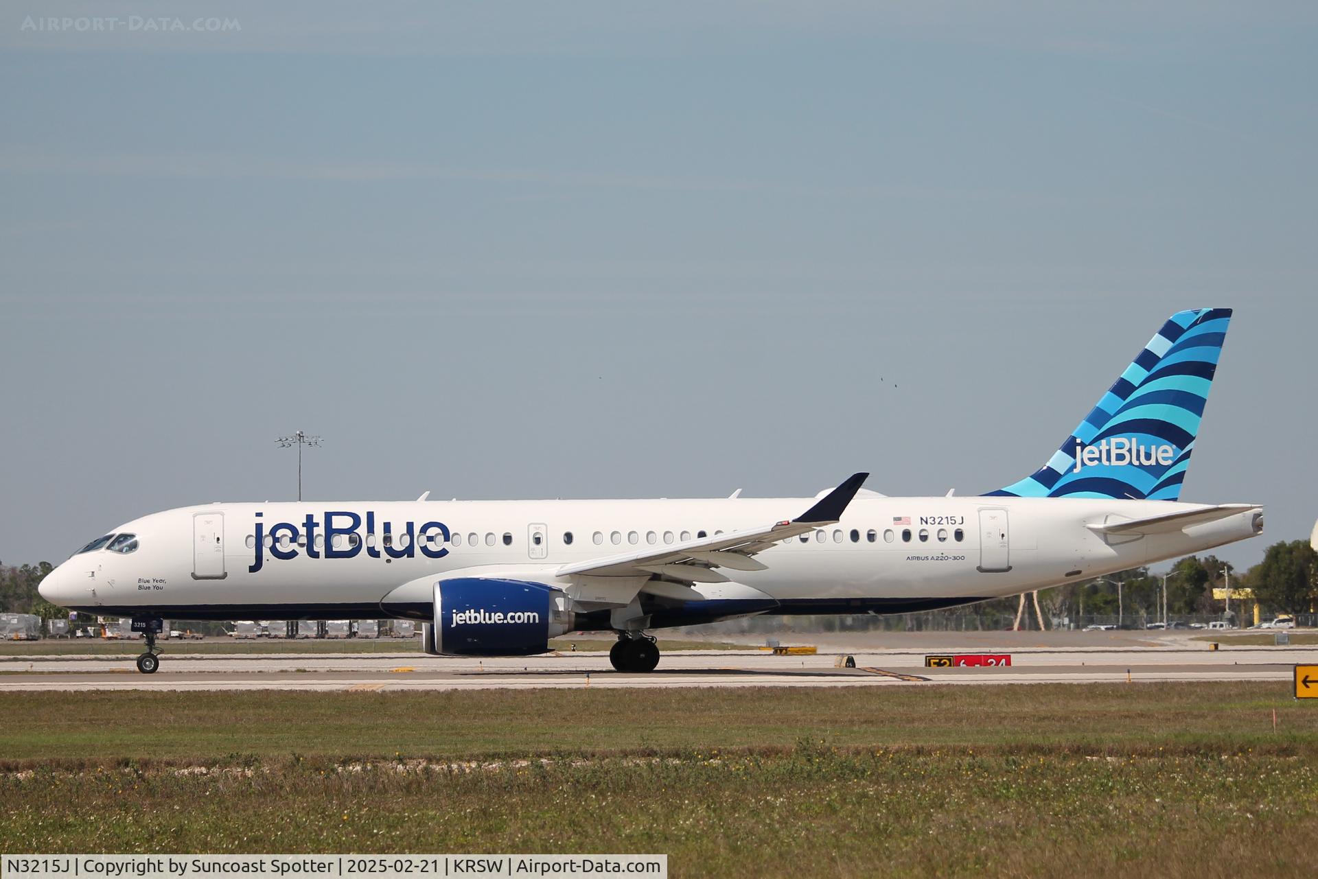 N3215J, 2024 Airbus A220-371 C/N 55292, JetBlue Flight 66 taxis at Southwest Florida International Airport prior to flight to Boston-Logan International Airport