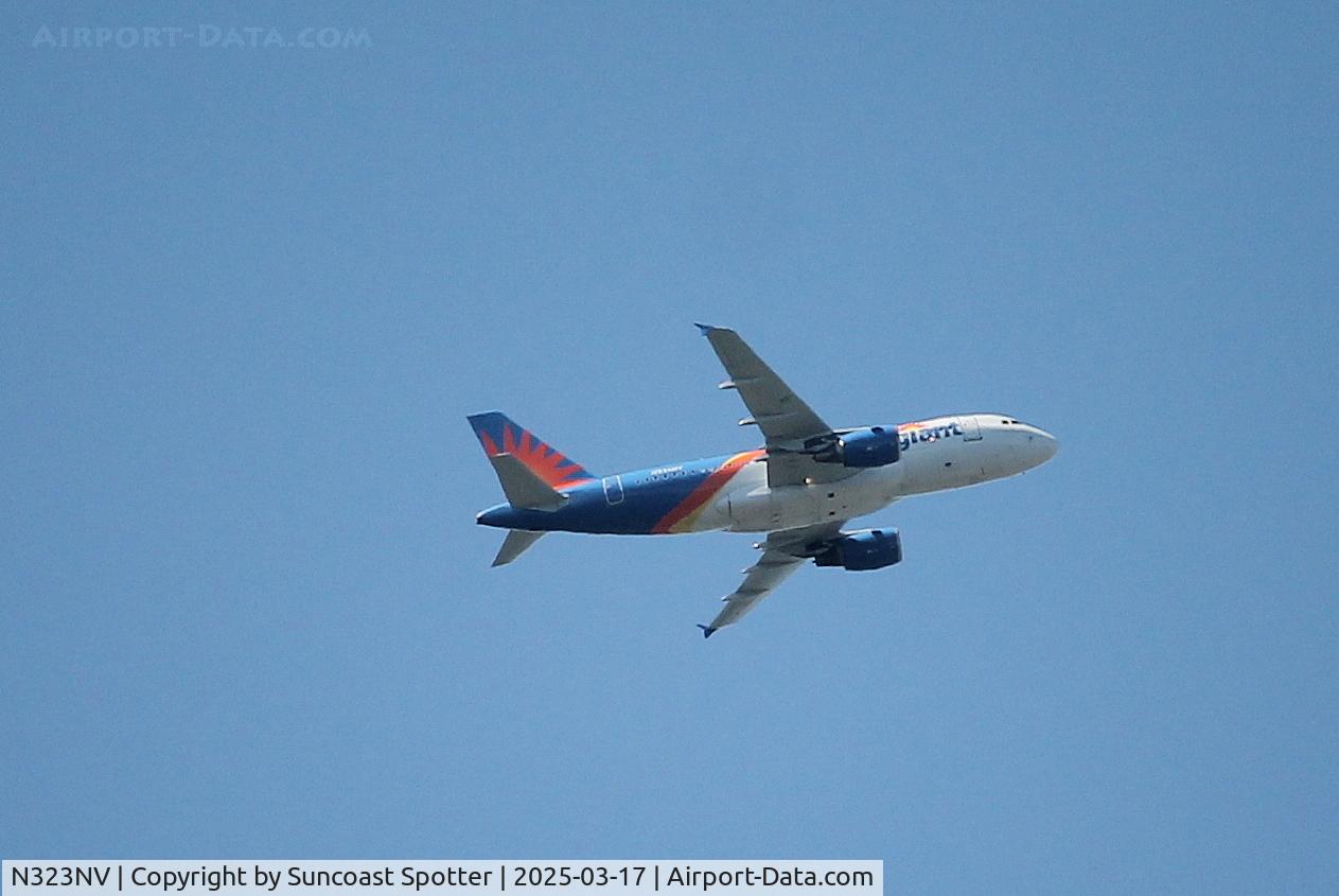 N323NV, 2005 Airbus A319-111 C/N 2538, Allegiant Flight 1098 flies over Tarpon Springs on a flight from St Petersburg-Clearwater International Airport to Tri-Cities Airport
