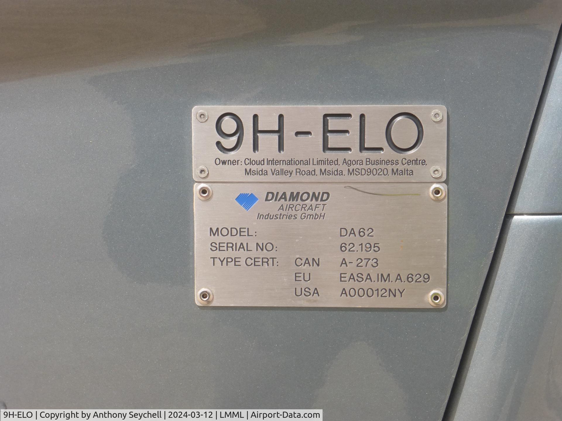 9H-ELO, Diamond Aircraft 62 C/N 62.195, Aircraft data plate