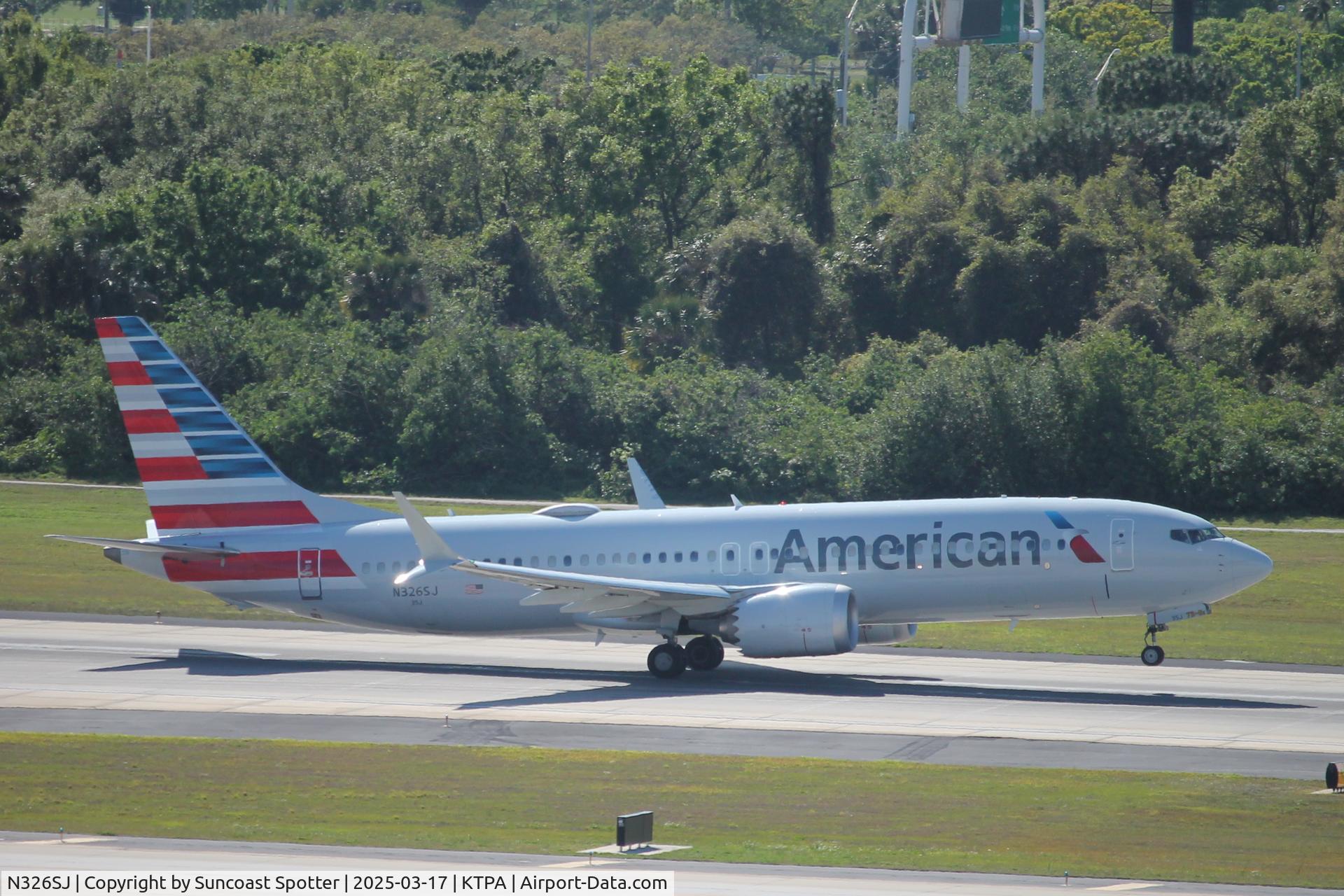 N326SJ, 2019 Boeing 737-8 MAX C/N 44475, American Flight 809 departs Tampa International Airport enroute to Philadelphia International Airport
