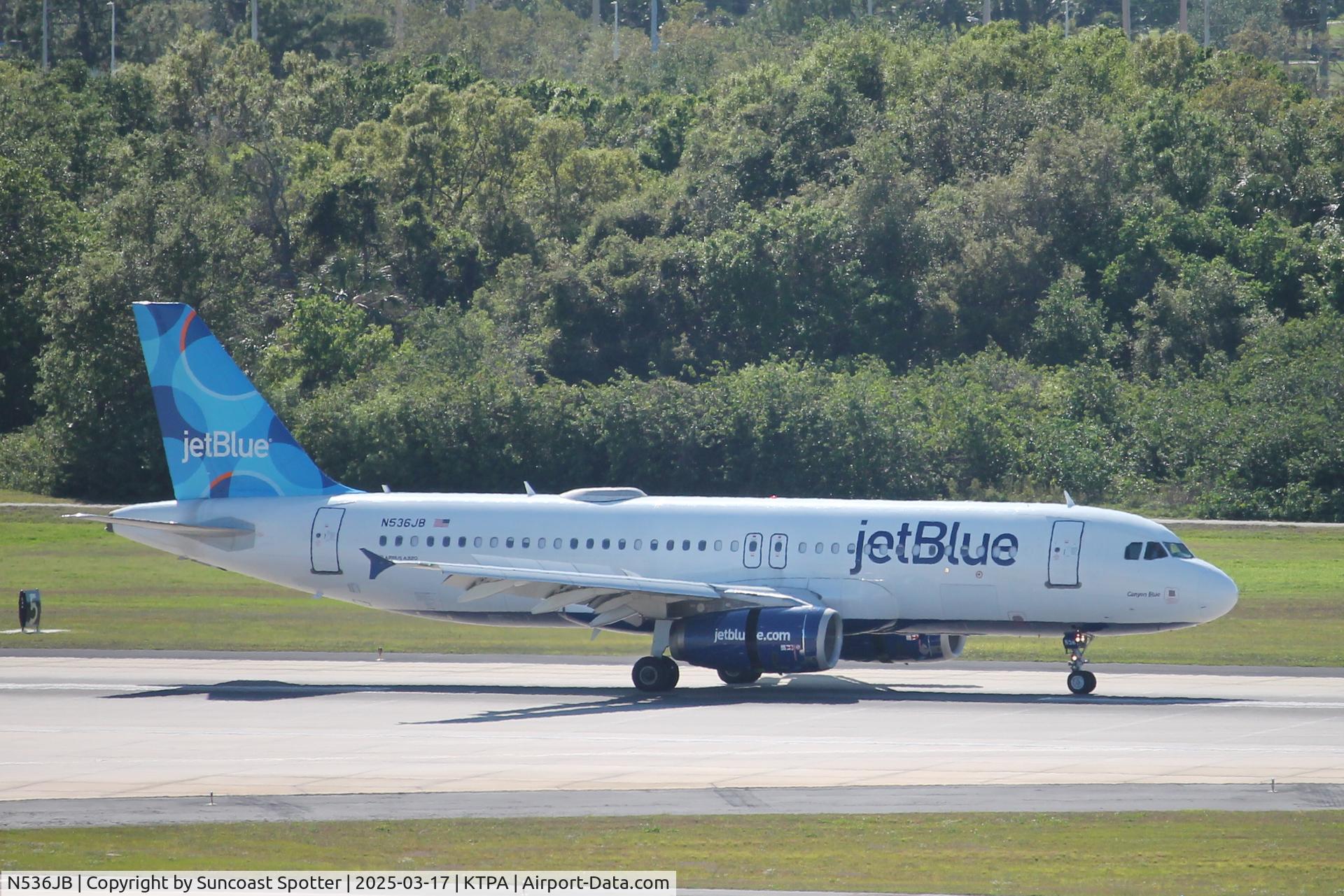 N536JB, 2002 Airbus A320-232 C/N 1784, JetBlue Flight 1366 arrives at Tampa International Airport following flight from Cancun International Airport