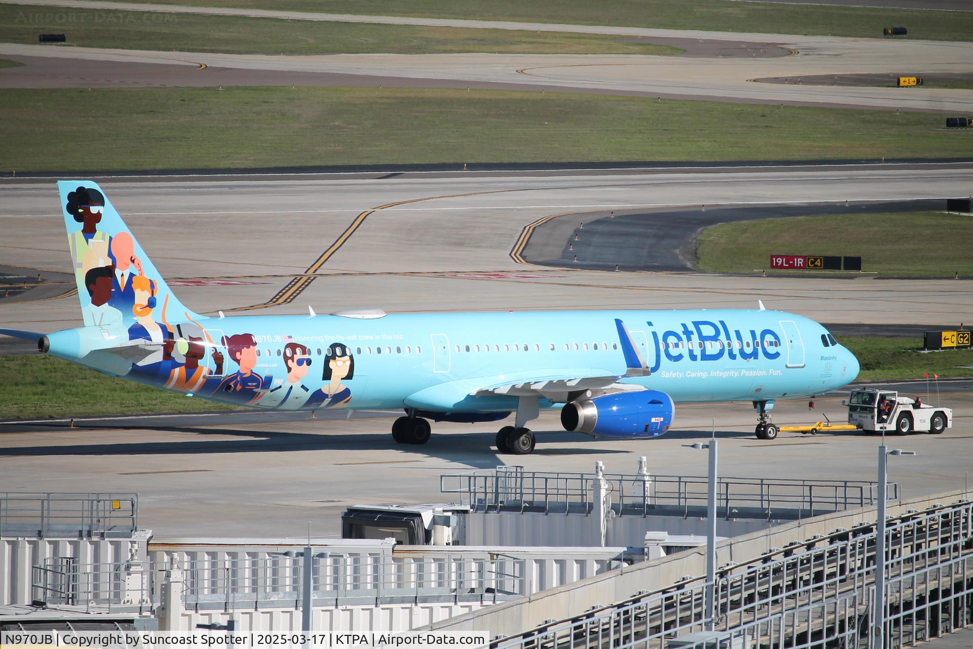 N970JB, 2016 Airbus A321-231 C/N 7415, JetBlue Flight 692 pushes back at Tampa International Airport prior to flight to Boston-Logan International Airport