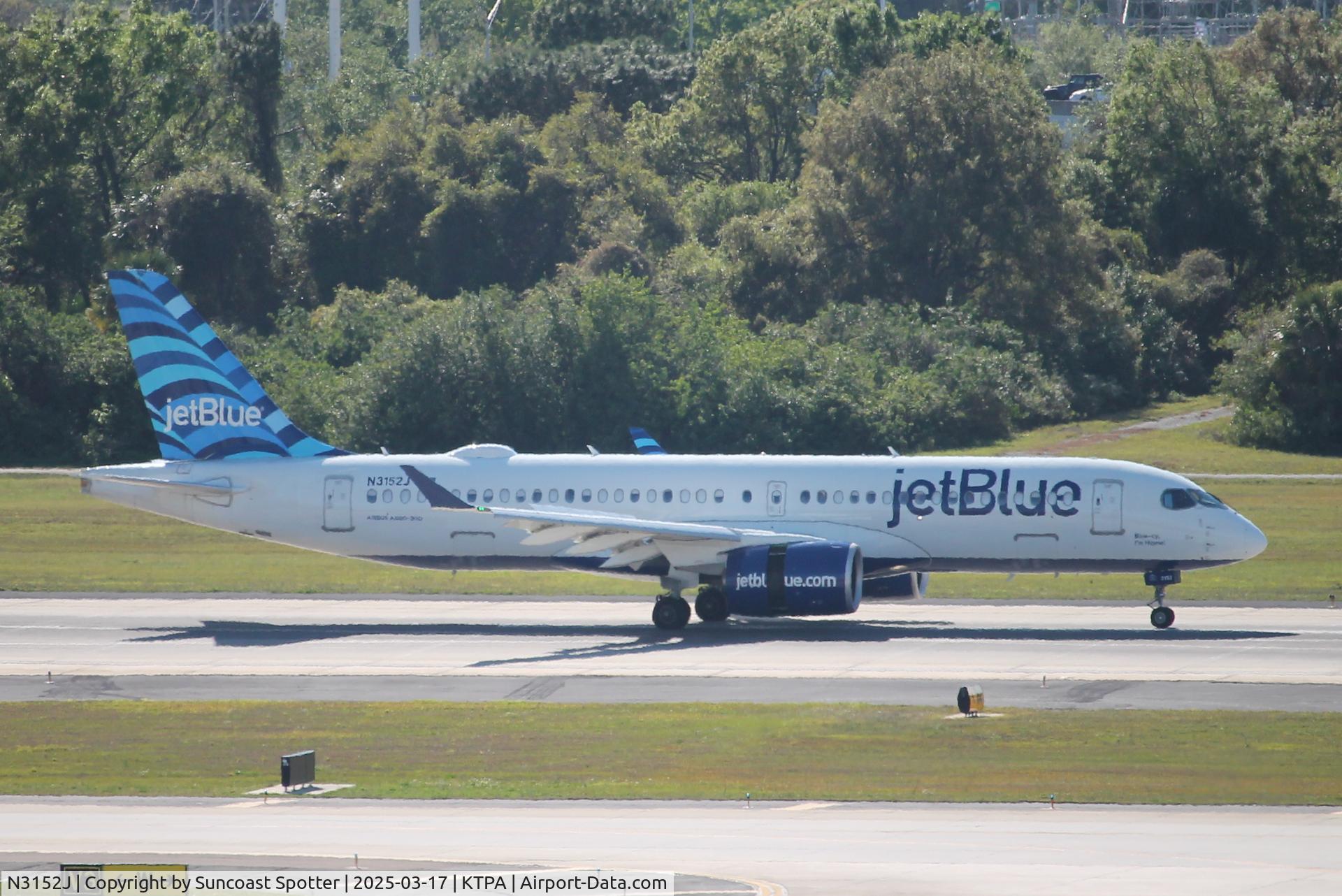 N3152J, 2023 Airbus Airbus A220-371 C/N 55258, JetBlue Flight 125 arrives at Tampa International Airport following flight from John F Kennedy International Airport