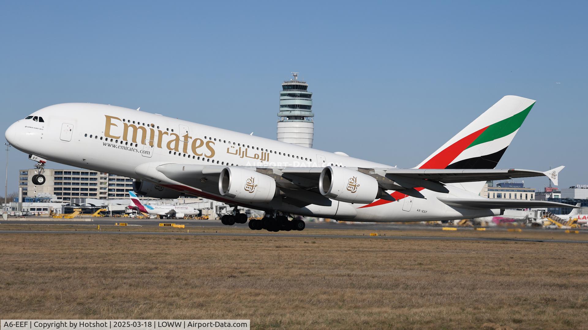 A6-EEF, 2012 Airbus A380-861 C/N 113, Lifting off from runway 29 with the ATC tower in the backdrop